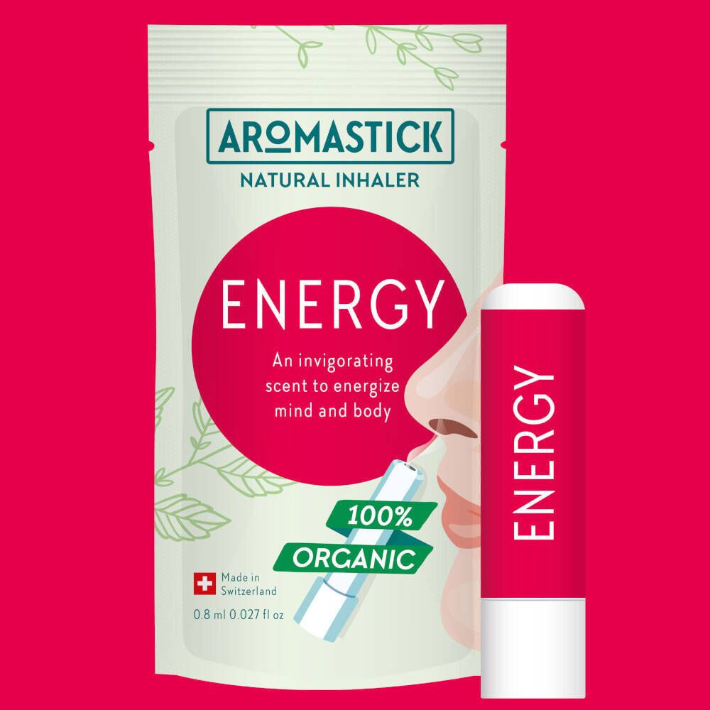 Inhaler en zakje. Zakje met productnaam en tekst. Rode inhaler met witte tekst. 100% Organic-zegel.