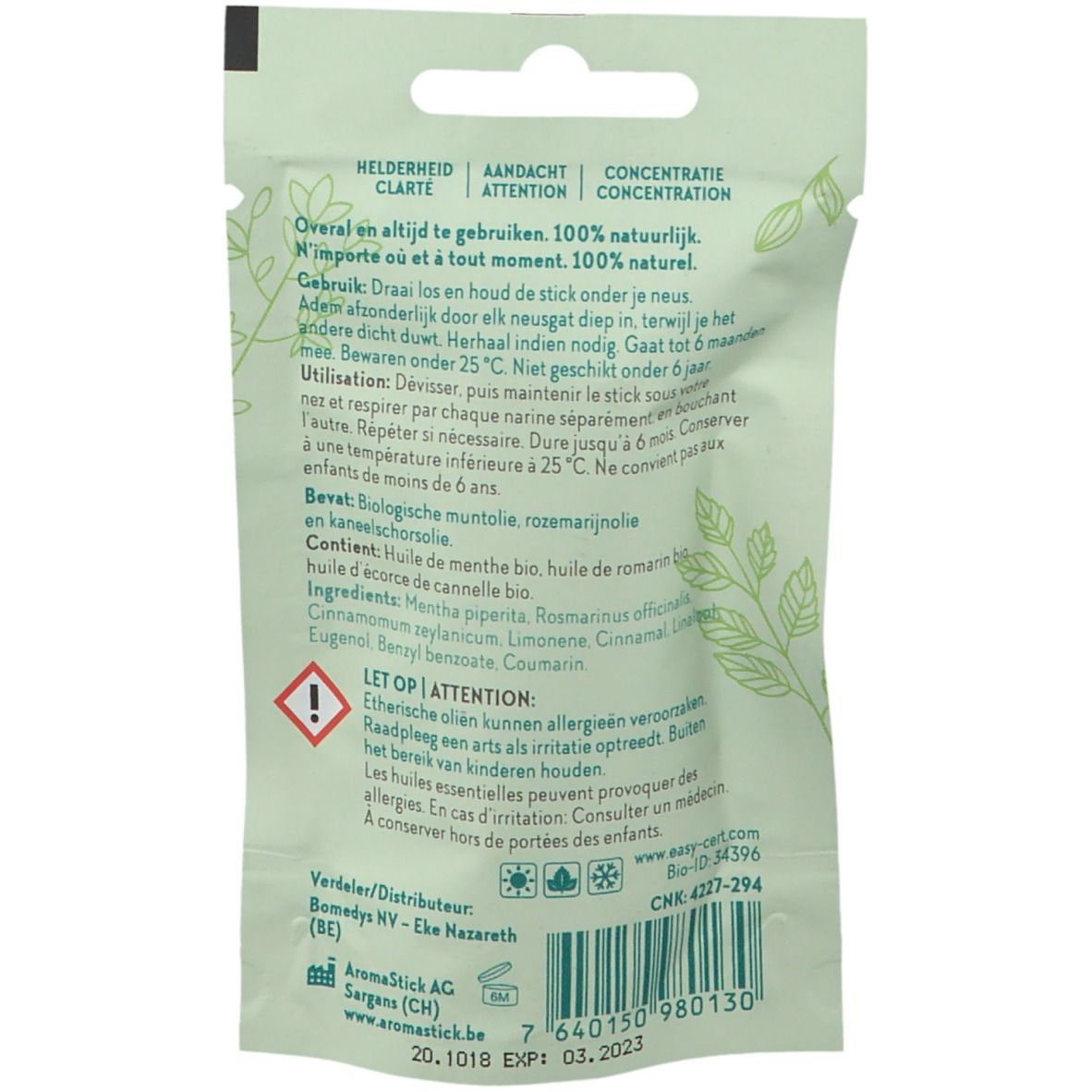 Achterkant van de Aromastick Focus verpakking. Tekst in meerdere talen. Ingrediënten en waarschuwingen. Houdbaarheidsdatum.