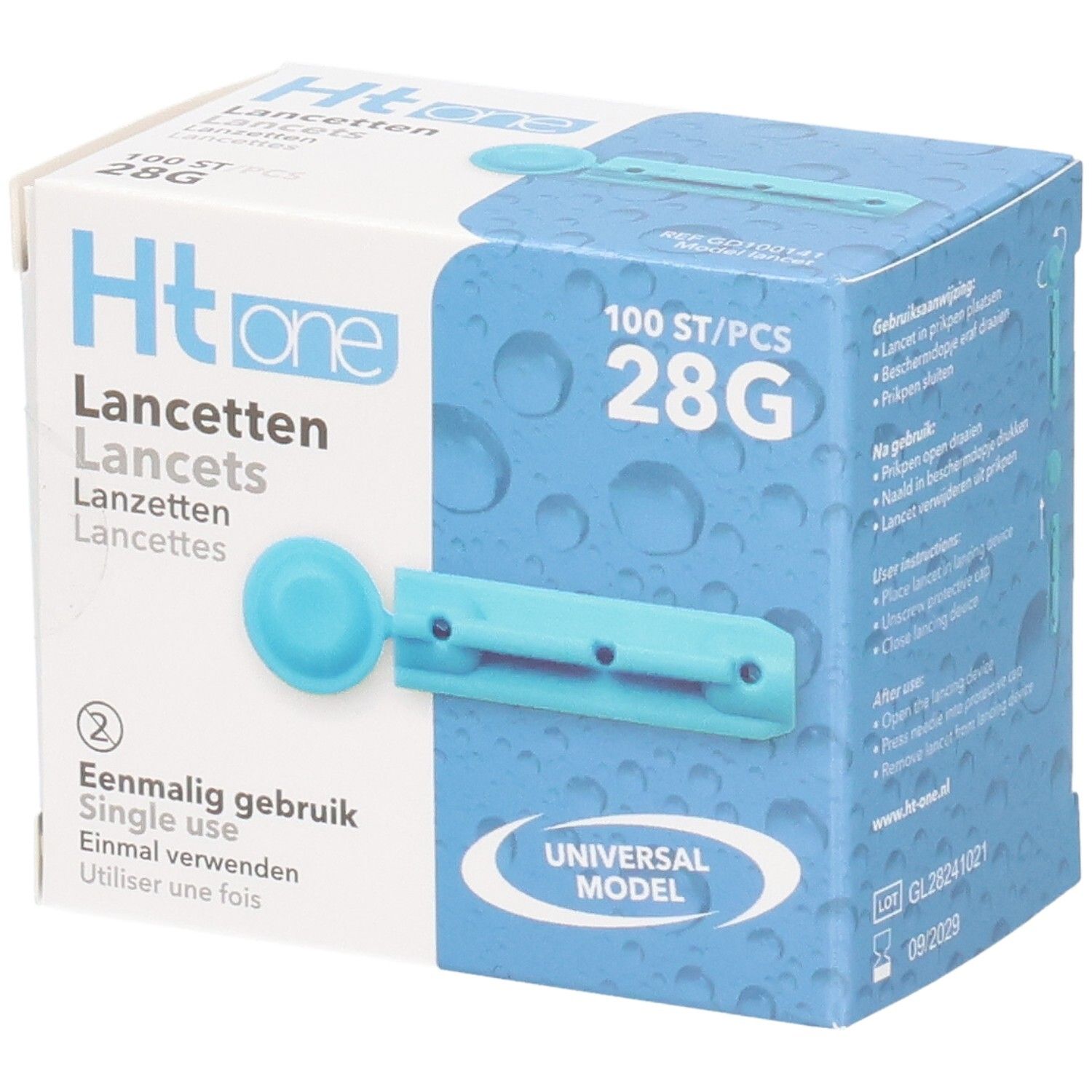 Blauw-witte doos "Ht one Lancetten". Bevat 100 stuks 28G. Enkele lancet afgebeeld.
