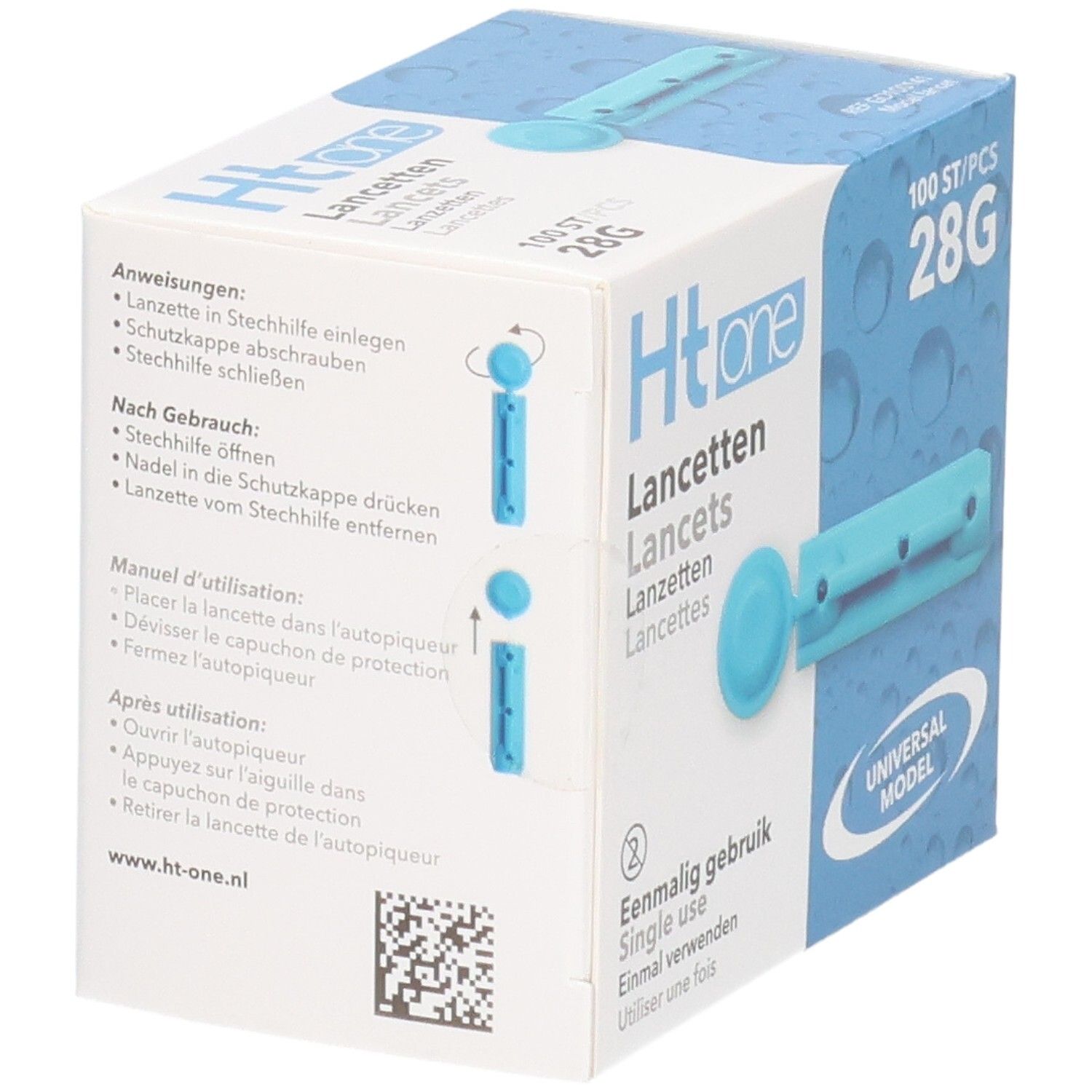 Doos "Ht one Lancetten" met instructies. Bevat 100 stuks 28G. Enkele blauwe lancet afgebeeld.