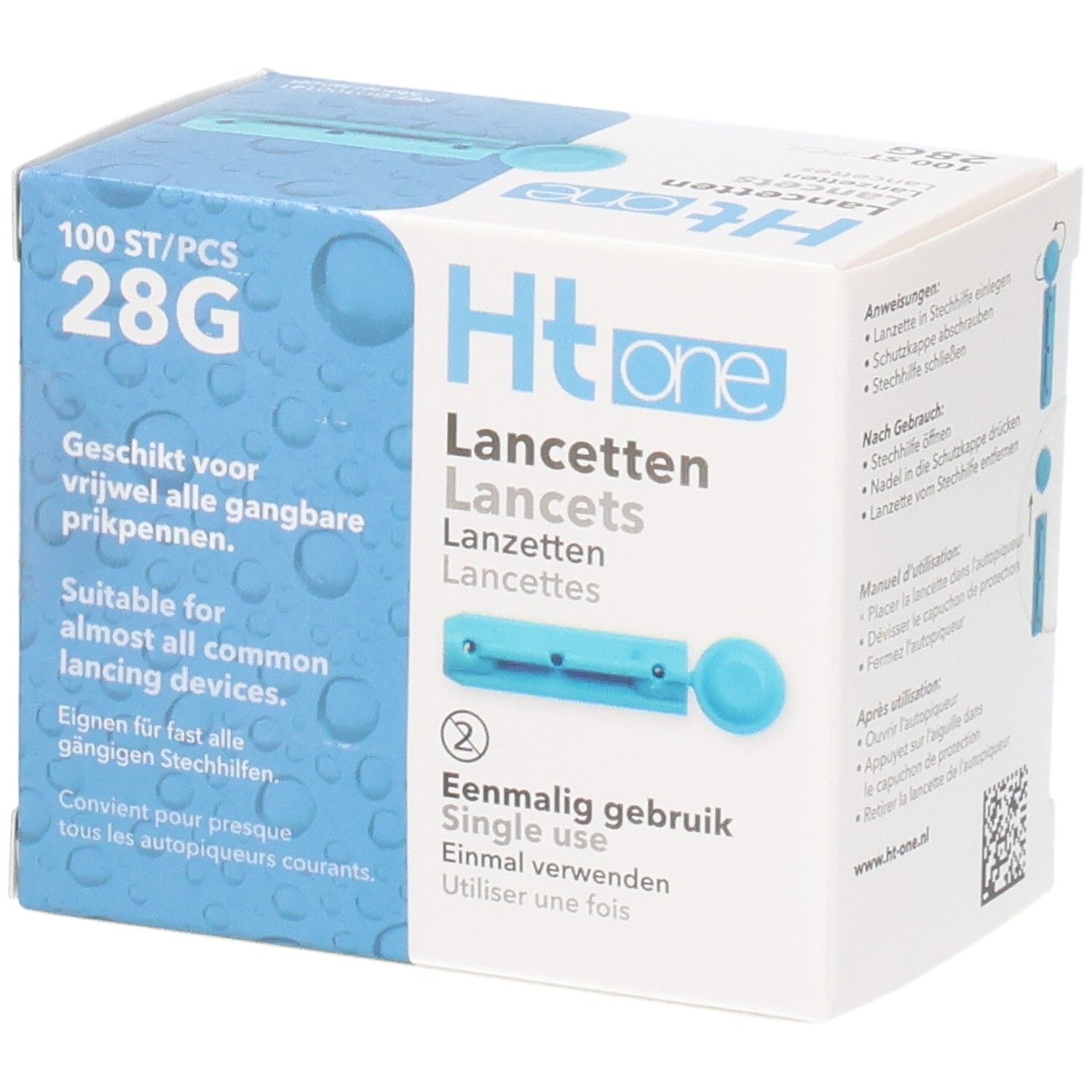 Doos "Ht one Lancetten" met 100 stuks 28G. Blauwe lancet afgebeeld. Tekst: "Geschikt voor vrijwel alle gangbare prikpenen".