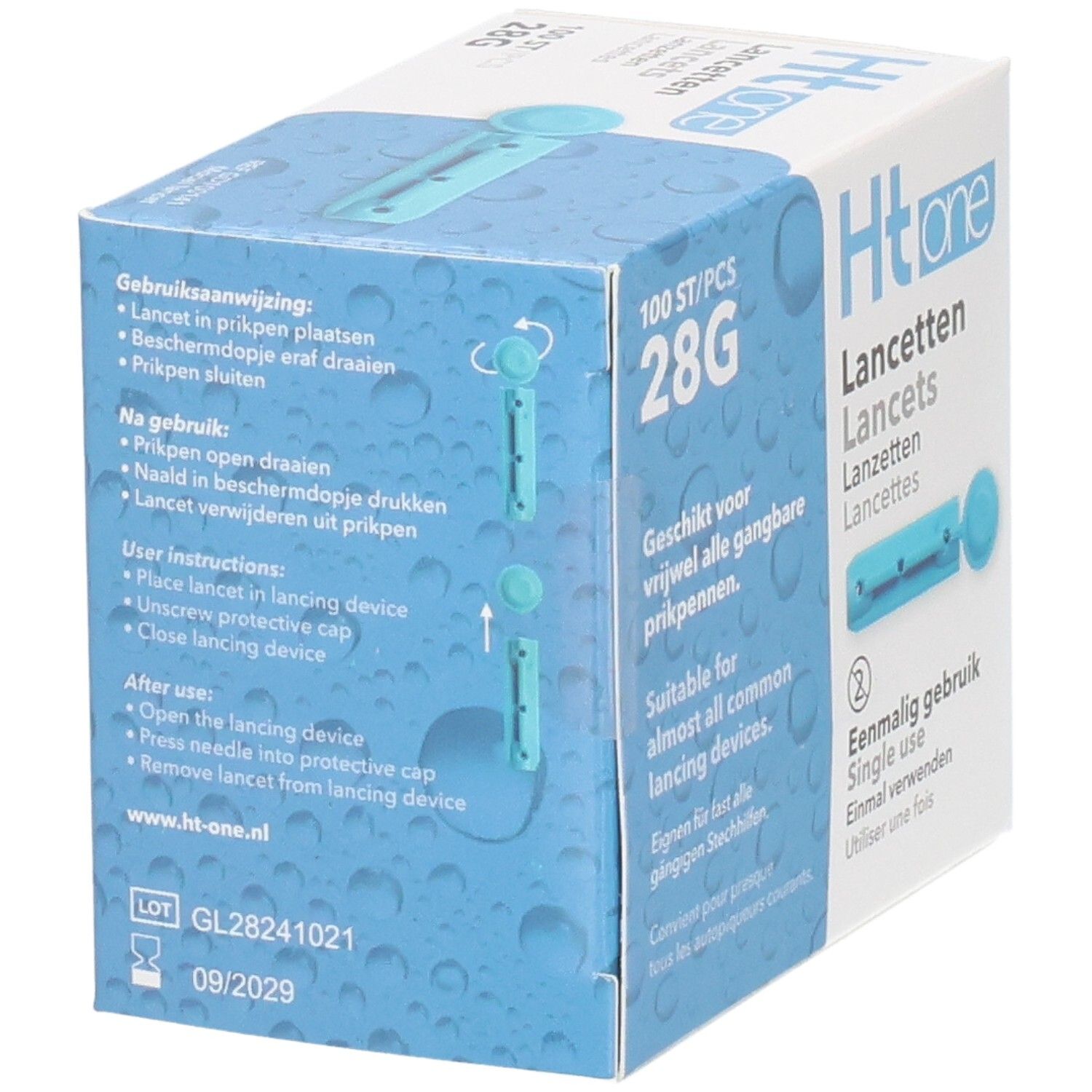 Doos "Ht one Lancetten" met 100 stuks 28G. Blauwe lancet afgebeeld. Instructies en tekst: "Geschikt voor vrijwel alle gangbare prikpenen".
