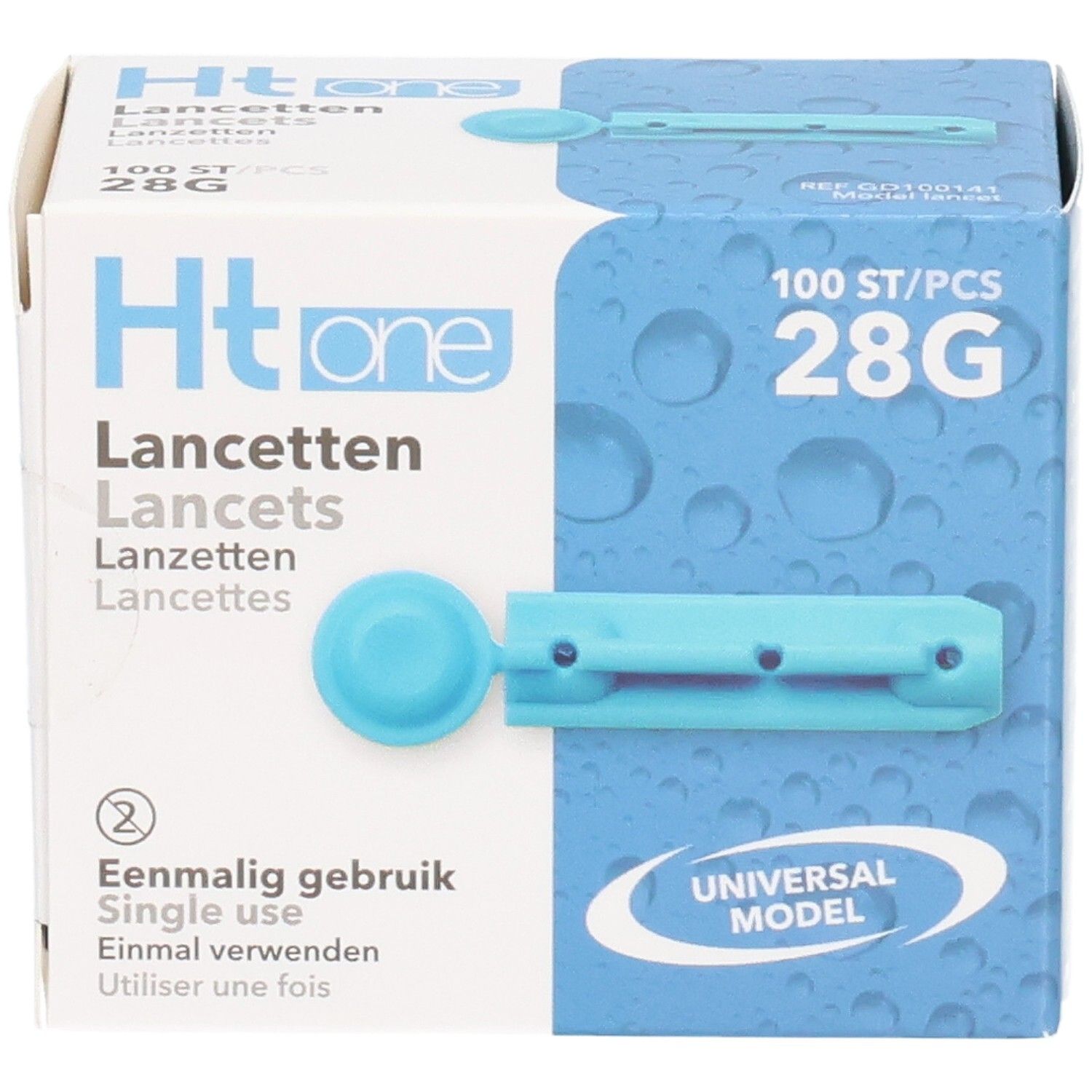 Doos "Ht one Lancetten" met 100 stuks 28G. Enkele blauwe lancet afgebeeld. Tekst: "Eenmalig gebruik".