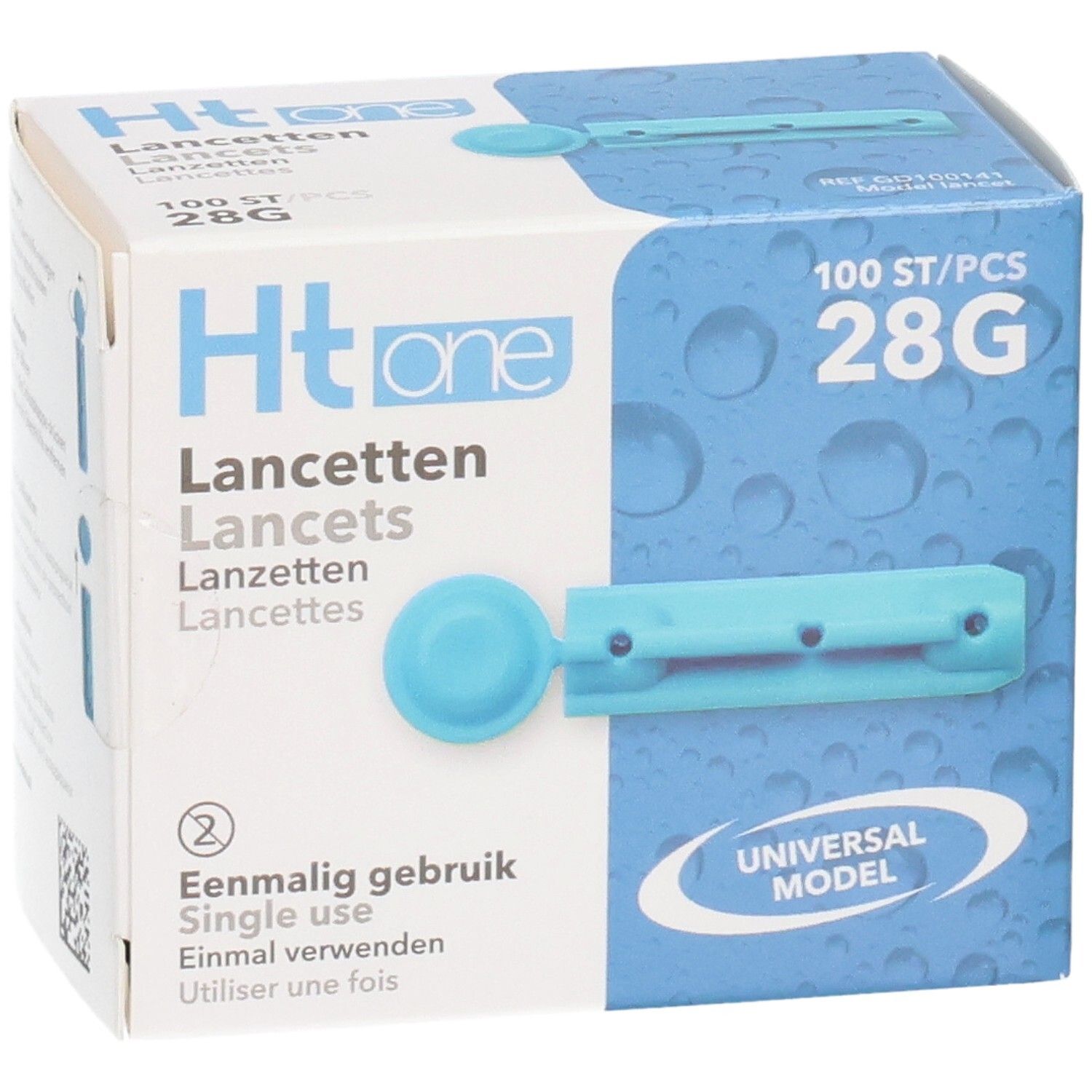 Doos "Ht one Lancetten" met 100 stuks 28G. Enkele blauwe lancet afgebeeld. Tekst: "Eenmalig gebruik".