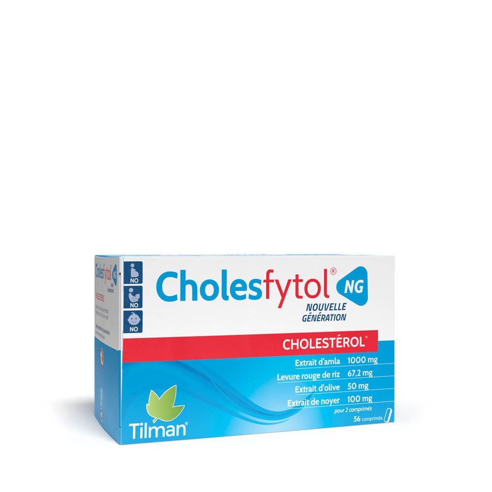 Emballage Cholesfytol® NG. Boîte bleue, blanche et rouge. Contient 56 comprimés. Ingrédients et logo visibles.