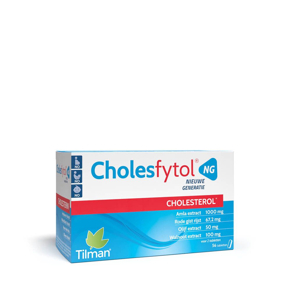Verpakking Cholesfytol® NG. Blauwe, witte en rode doos. Bevat 56 tabletten. Ingrediëntenlijst en logo zichtbaar.