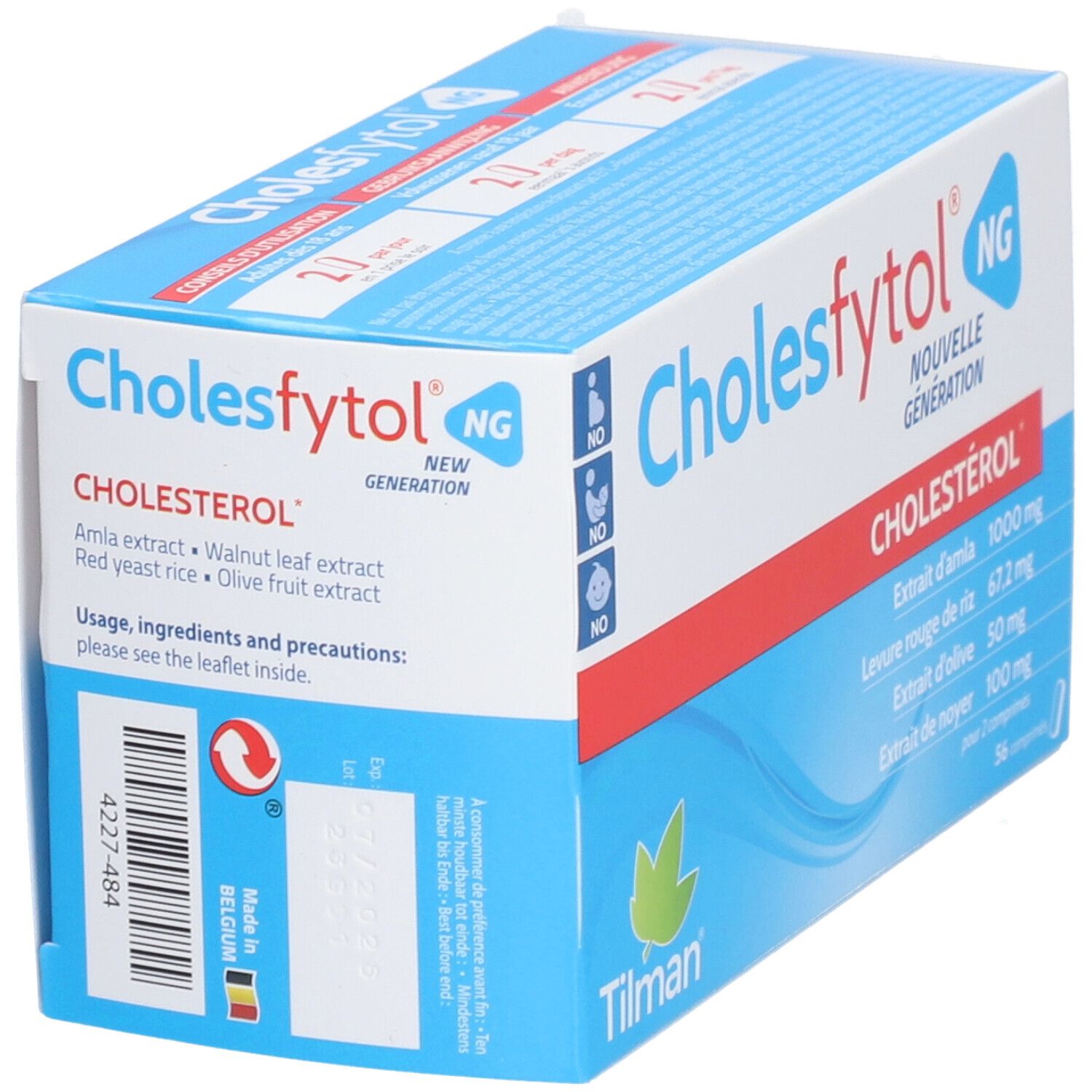 Doosje Cholesfytol® NG. Blauwe, witte en rode verpakking. Bevat 56 tabletten. Ingrediëntenlijst zichtbaar.