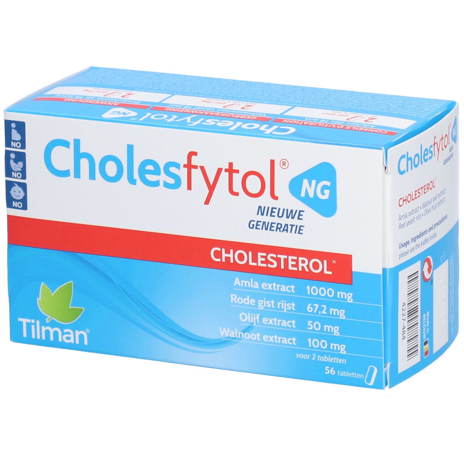Doosje Cholesfytol® NG. Blauwe, witte en rode verpakking. Bevat 56 tabletten. Ingrediëntenlijst zichtbaar.