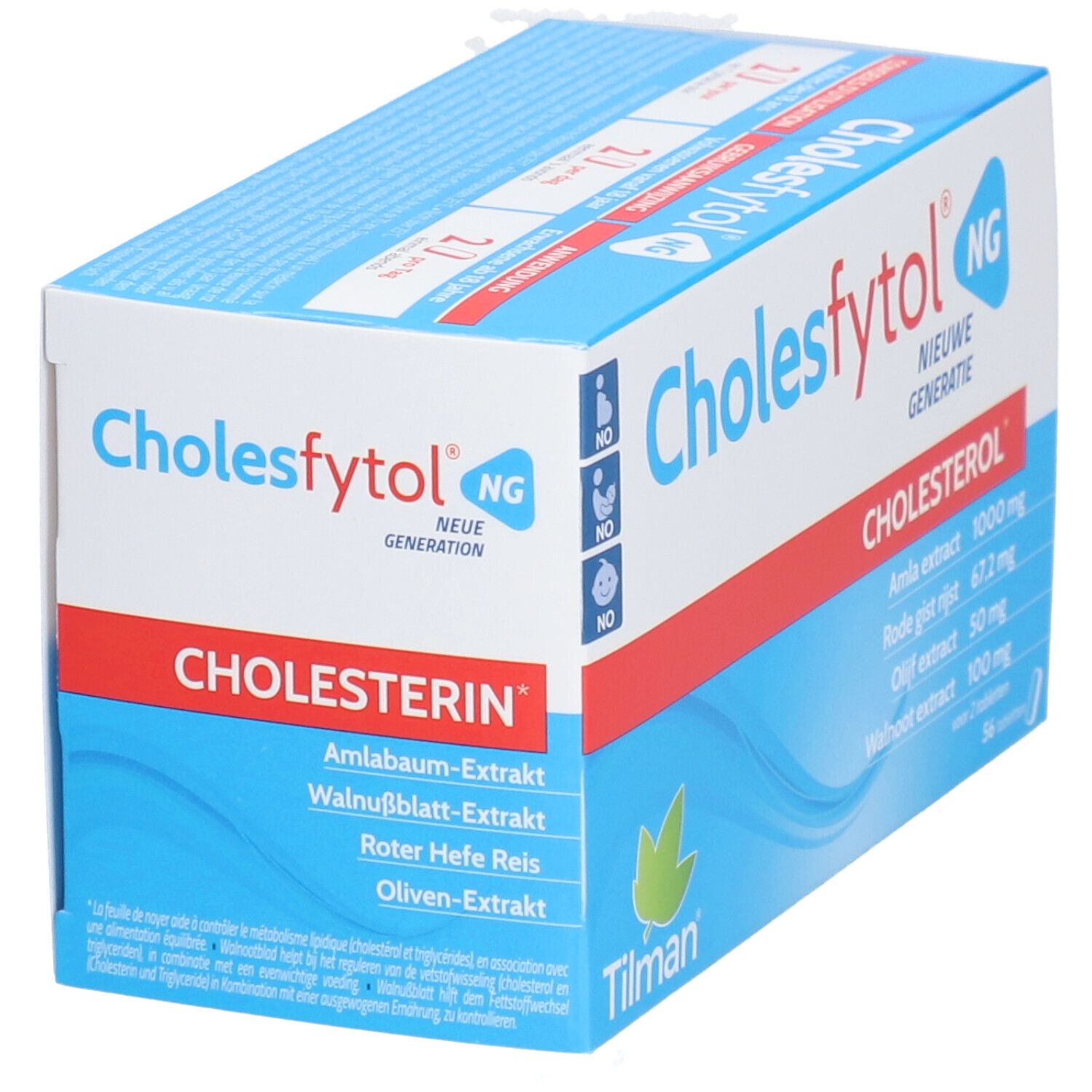 Doosje Cholesfytol® NG. Blauwe, witte en rode verpakking. Bevat 56 tabletten. Ingrediëntenlijst zichtbaar.
