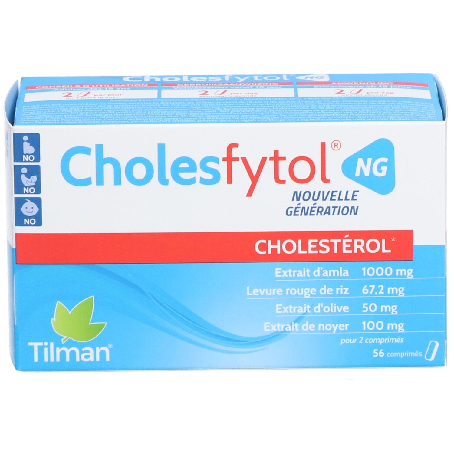 Doosje Cholesfytol® NG. Blauwe, witte en rode verpakking. Bevat 56 tabletten. Ingrediëntenlijst zichtbaar.