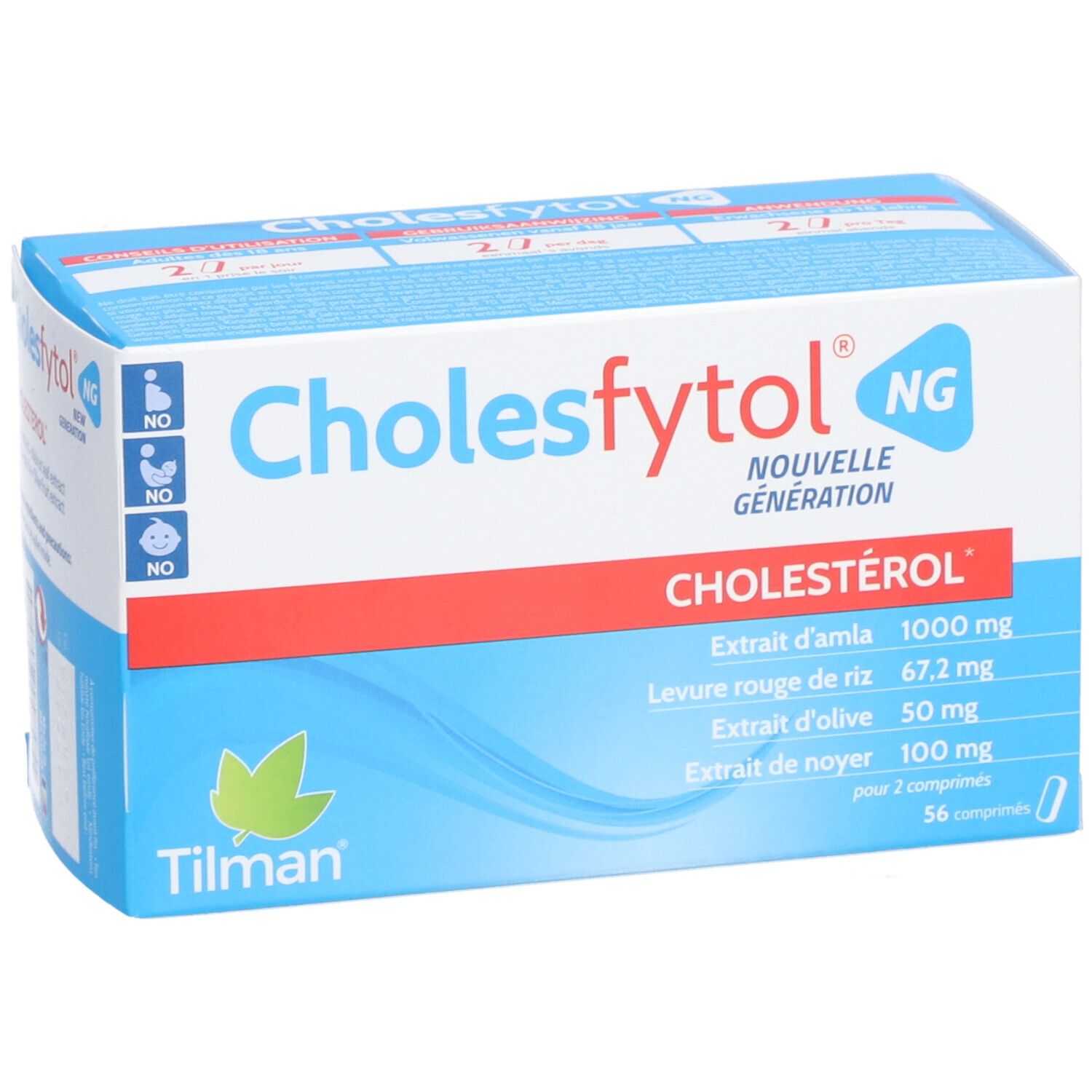 Doosje Cholesfytol® NG. Blauwe, witte en rode verpakking. Bevat 56 tabletten. Ingrediëntenlijst zichtbaar.