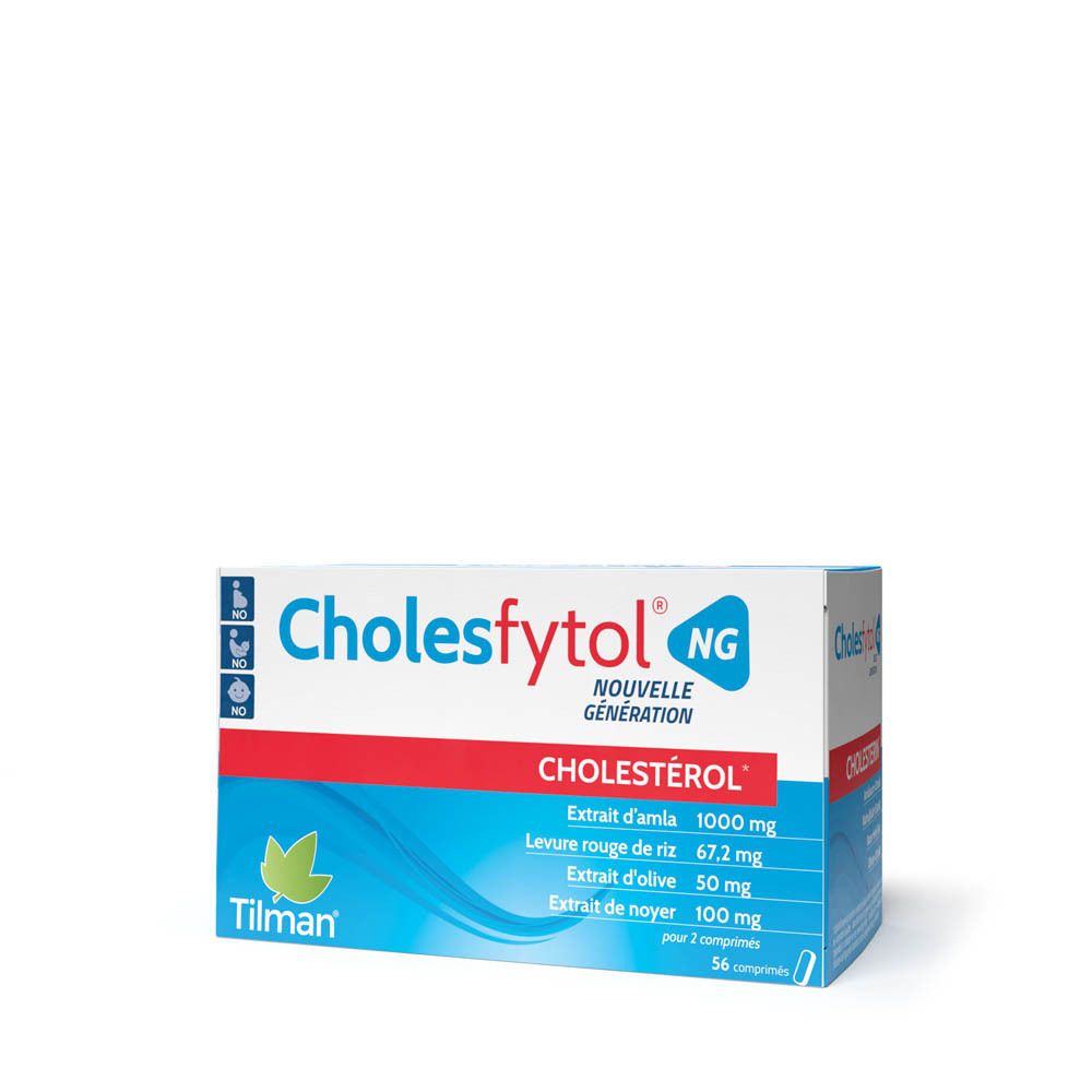Emballage Cholesfytol® NG. Boîte bleue, blanche et rouge. Contient 56 comprimés. Ingrédients et logo visibles.