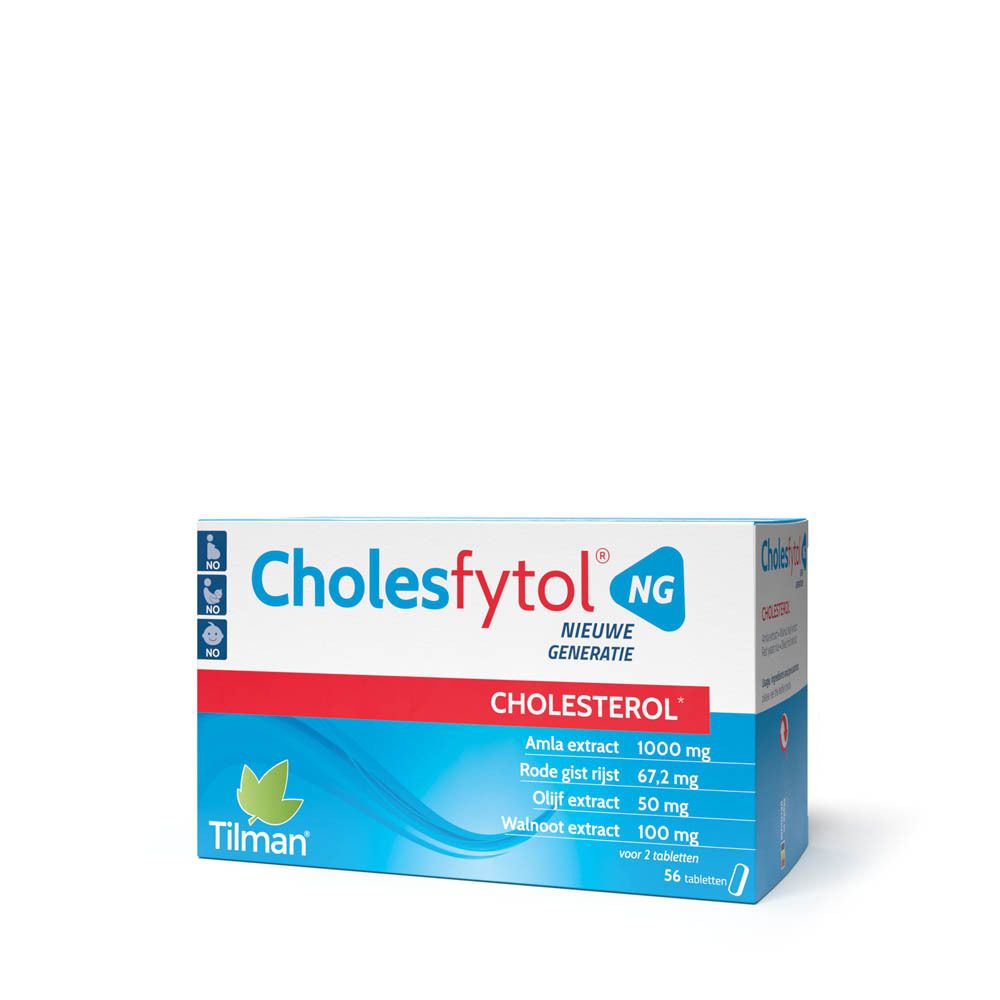 Verpakking Cholesfytol® NG. Blauwe, witte en rode doos. Bevat 56 tabletten. Ingrediëntenlijst en logo zichtbaar.