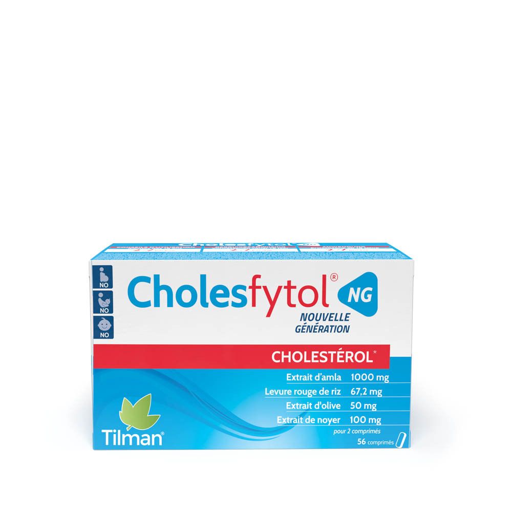 Emballage Cholesfytol® NG. Boîte bleue, blanche et rouge. Contient 56 comprimés. Ingrédients et logo visibles.