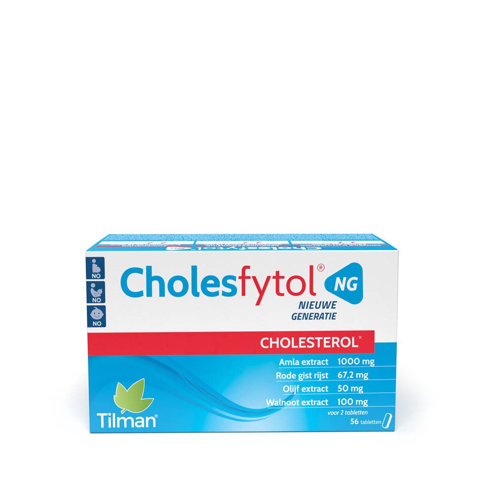 Verpakking Cholesfytol® NG. Blauwe, witte en rode doos. Bevat 56 tabletten. Ingrediëntenlijst en logo zichtbaar.