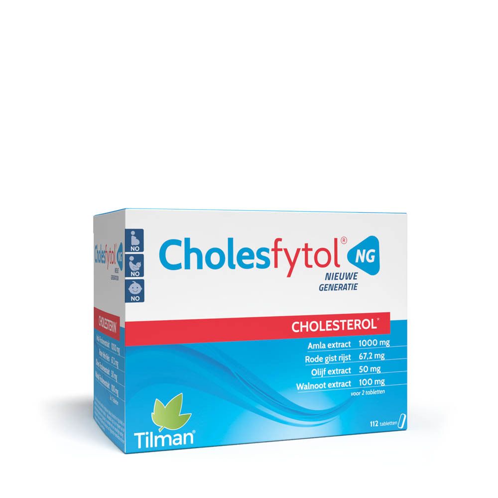 Verpakking Cholesfytol® NG. Blauw en wit doosje met naam en ingrediënten. Bevat 112 tabletten.