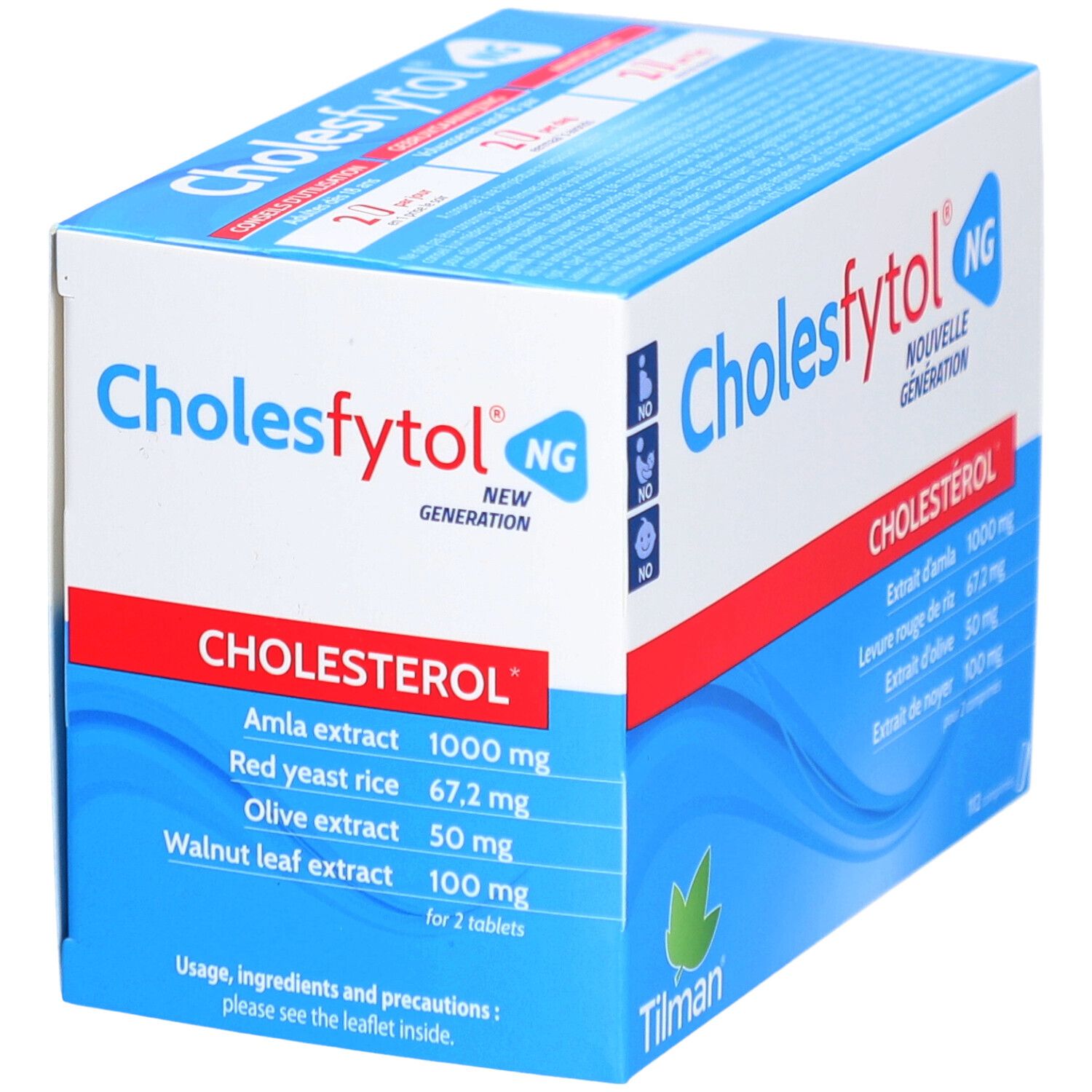 Doosje Cholesfytol® NG. Blauw en wit doosje met productnaam en ingrediënten. Bevat 112 tabletten.