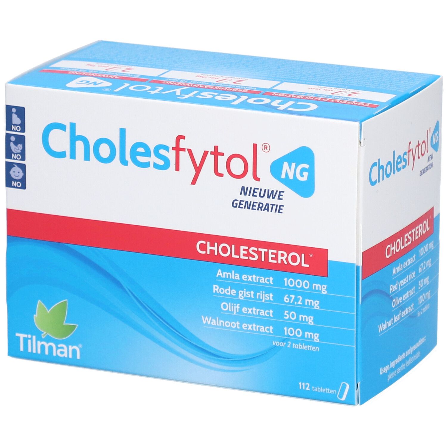 Doosje Cholesfytol® NG. Blauw en wit doosje met productnaam en ingrediënten. Bevat 112 tabletten.