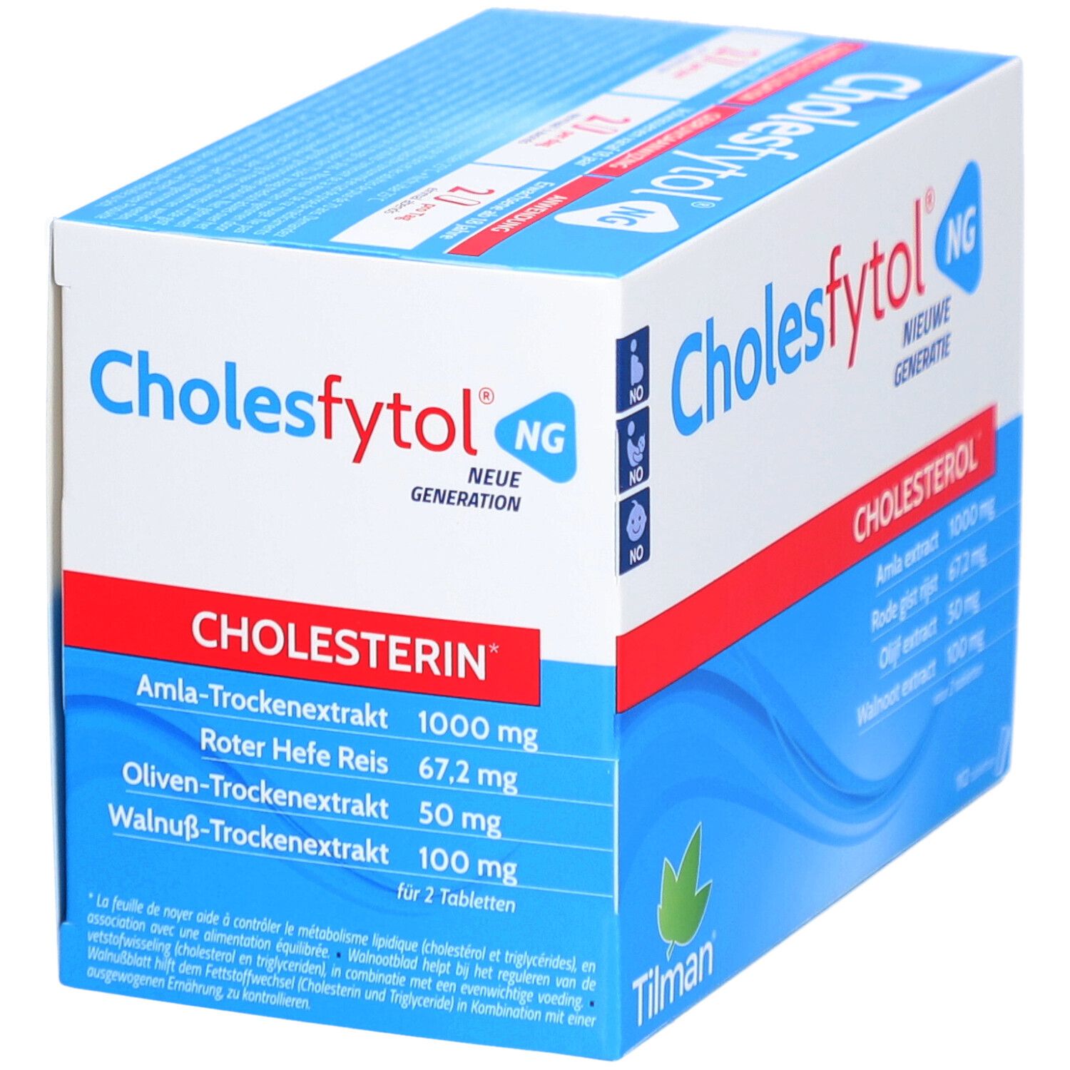 Doosje Cholesfytol® NG. Blauw en wit doosje met productnaam en ingrediënten. Bevat 112 tabletten.