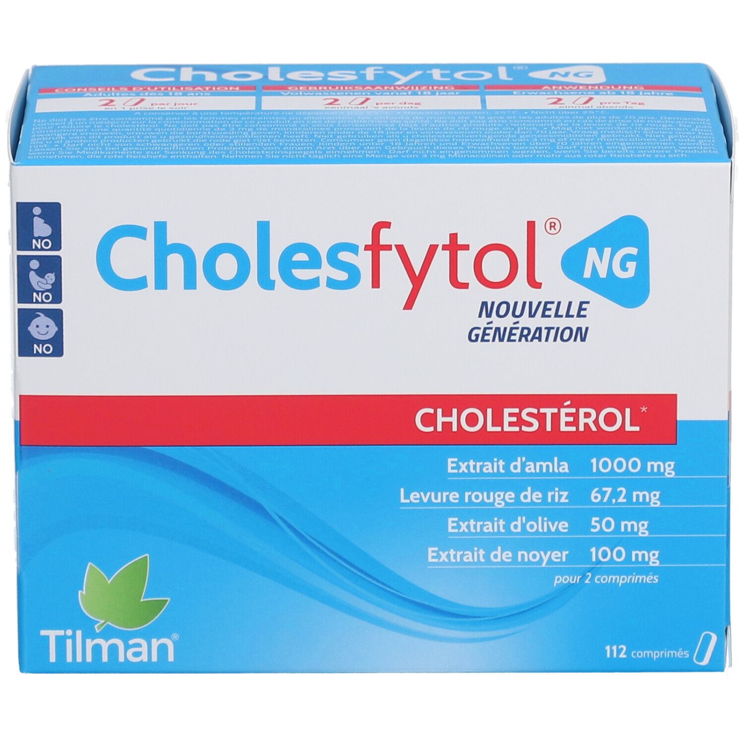 Doosje Cholesfytol® NG. Blauw en wit doosje met productnaam en ingrediënten. Bevat 112 tabletten.