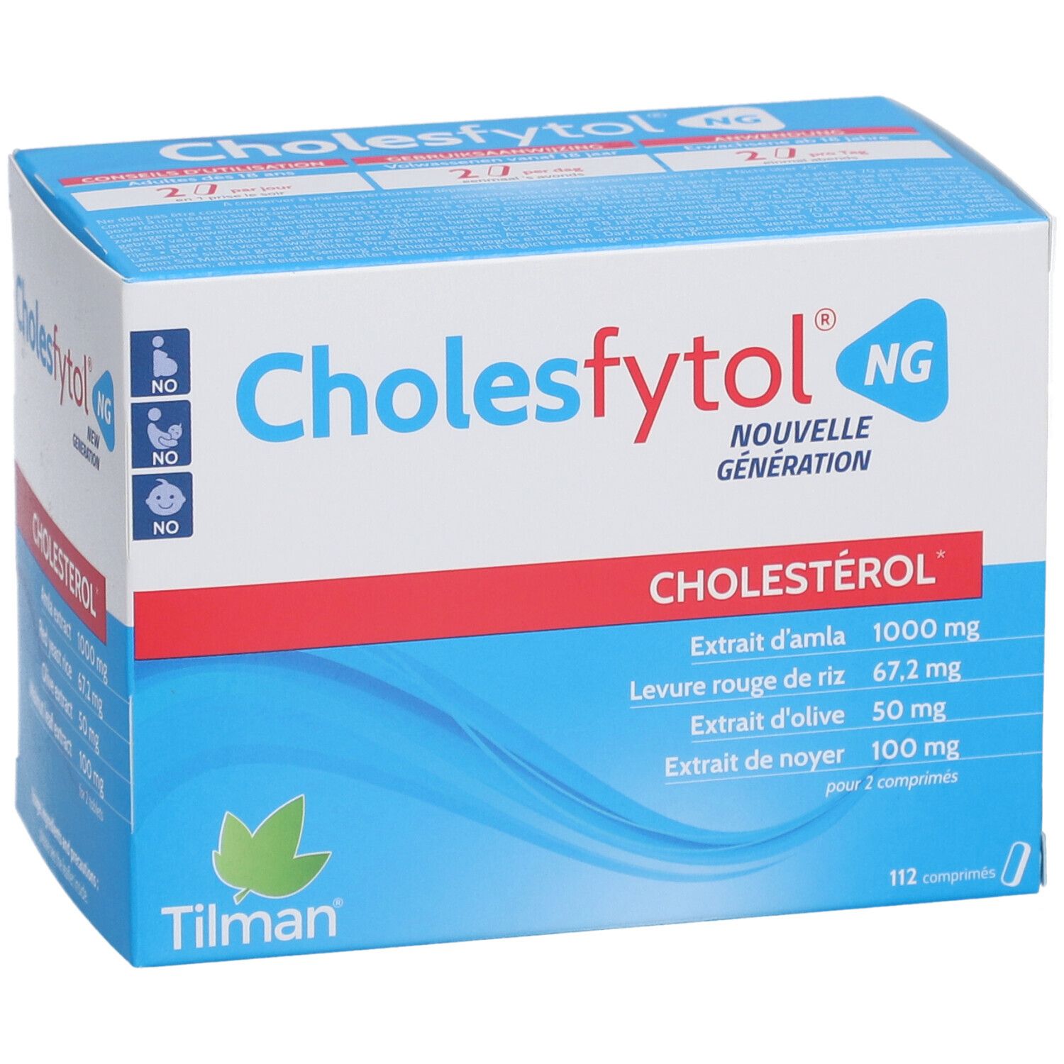 Doosje Cholesfytol® NG. Blauw en wit doosje met productnaam en ingrediënten. Bevat 112 tabletten.