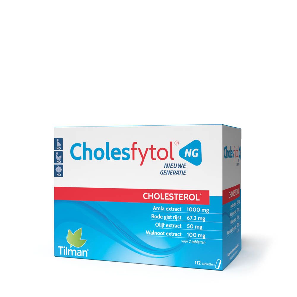 Verpakking Cholesfytol® NG. Blauw en wit doosje met naam en ingrediënten. Bevat 112 tabletten.
