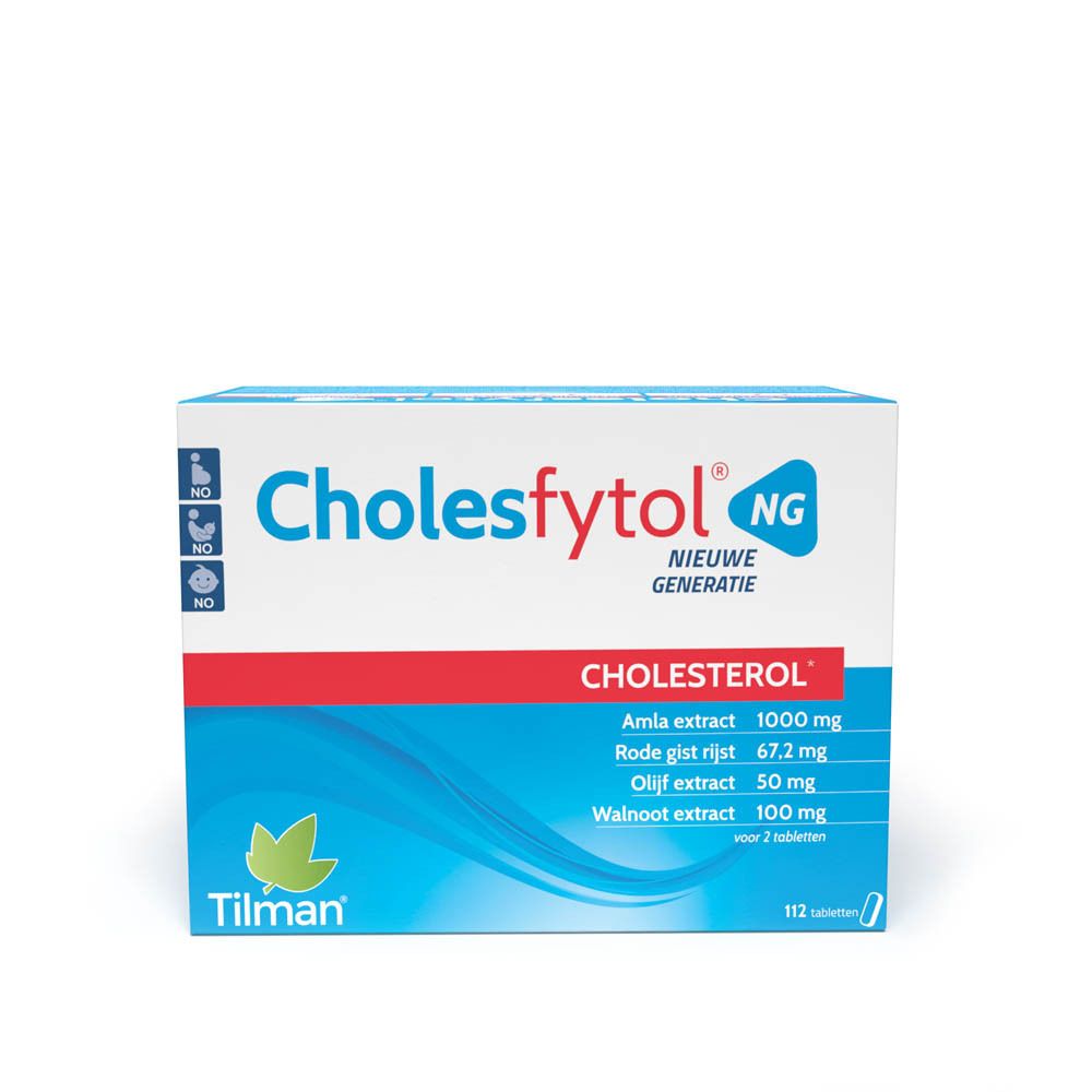 Verpakking Cholesfytol® NG. Blauw en wit doosje met naam en ingrediënten. Bevat 112 tabletten.
