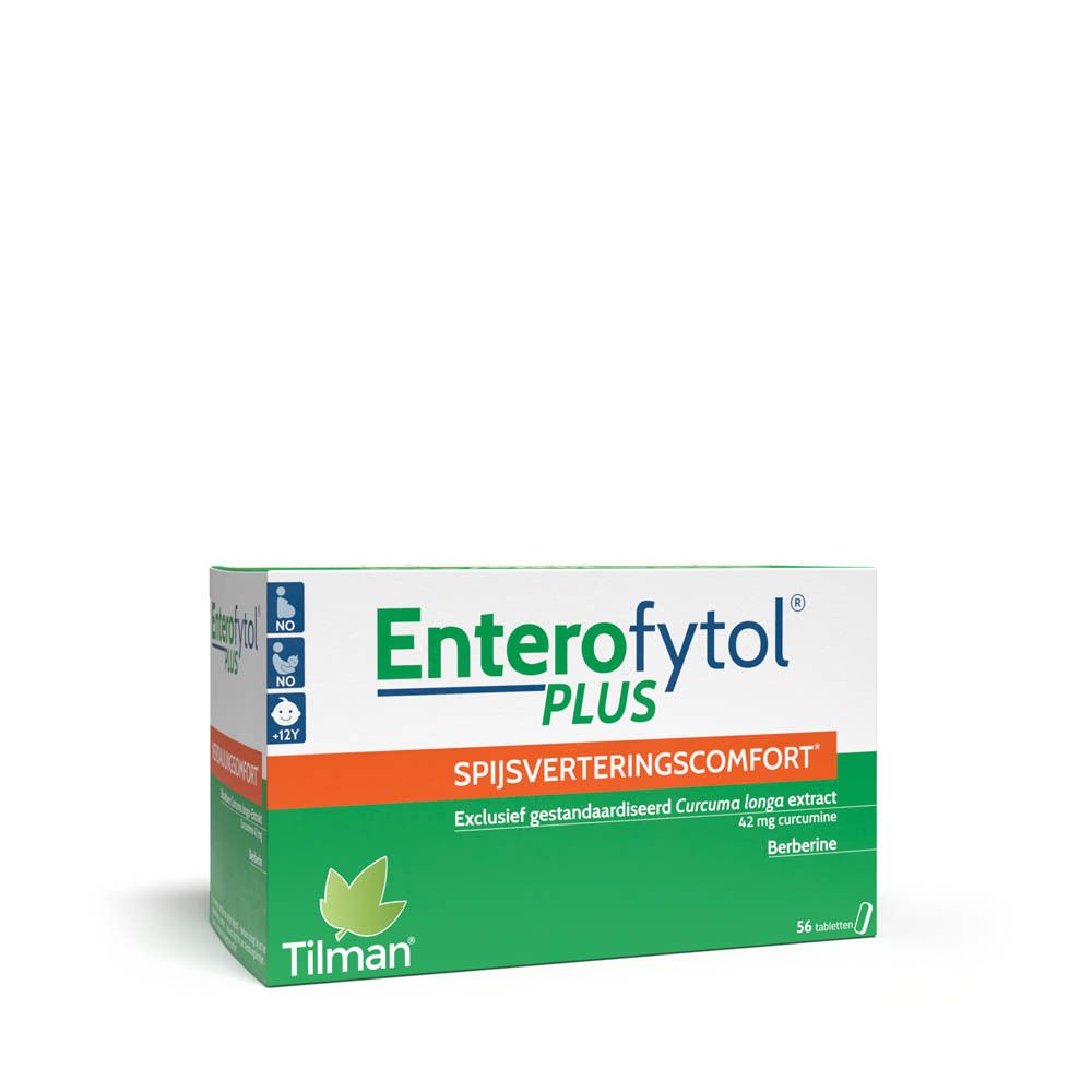 Doos "Enterofytol PLUS" groen en wit. Tekst: "Spijsverteringscomfort". Bevat 56 tabletten.