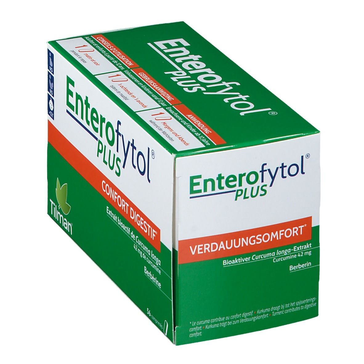 Doos "Enterofytol PLUS" groen en wit. Tekst: "Spijsverteringscomfort". Bevat 56 tabletten.