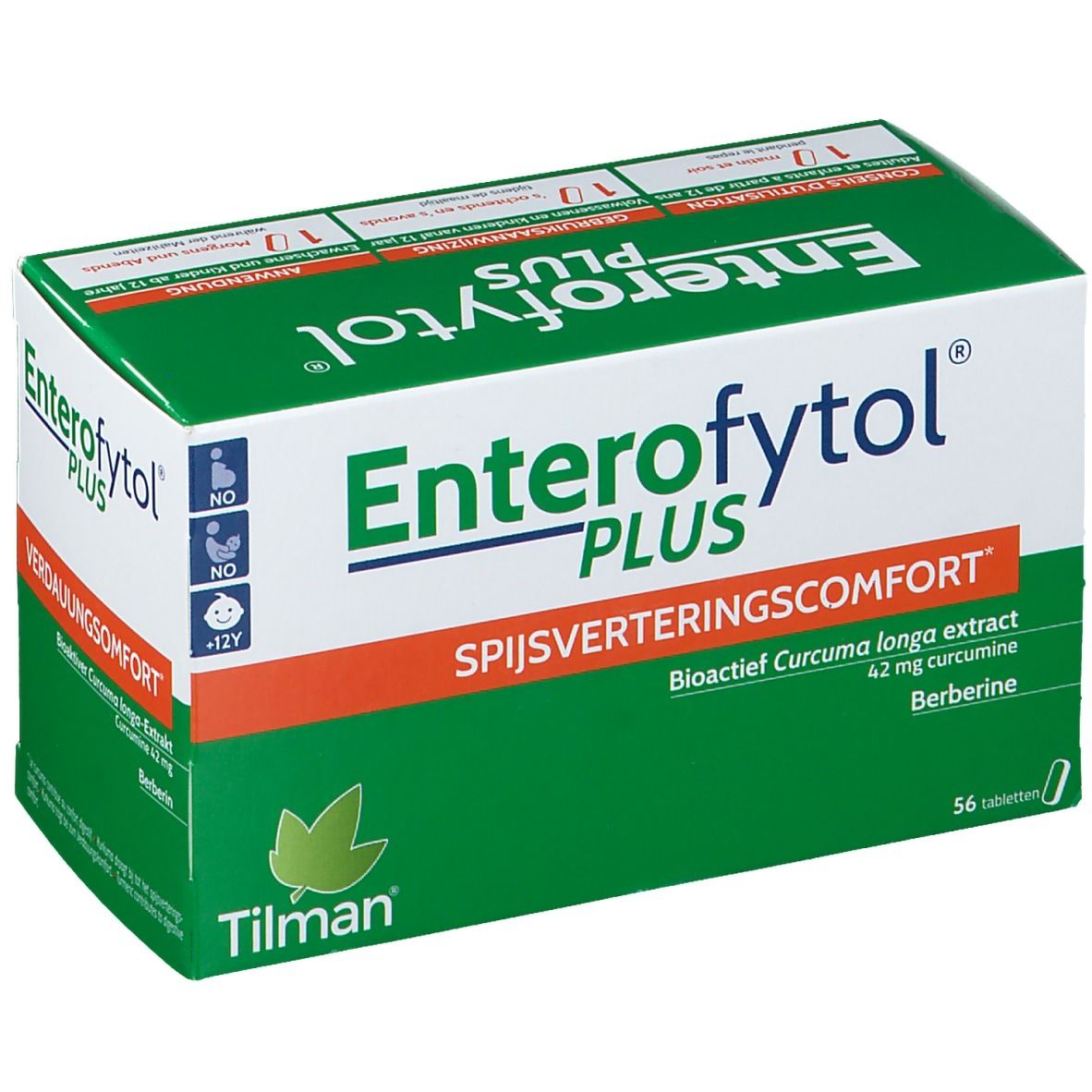 Groene en witte doos "Enterofytol PLUS". Tekst: "Spijsverteringscomfort". Bevat 56 tabletten.