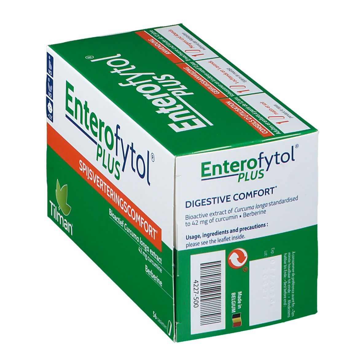 Doos "Enterofytol PLUS" groen en wit. Tekst: "Digestive Comfort". Bevat 56 tabletten.