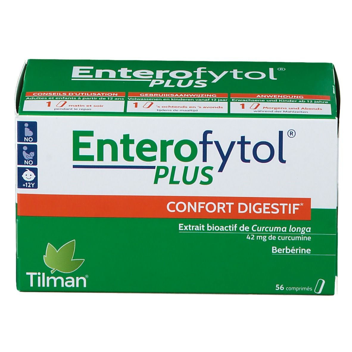 Groene en witte doos "Enterofytol PLUS". Tekst: "Confort digestif". Bevat 56 tabletten.