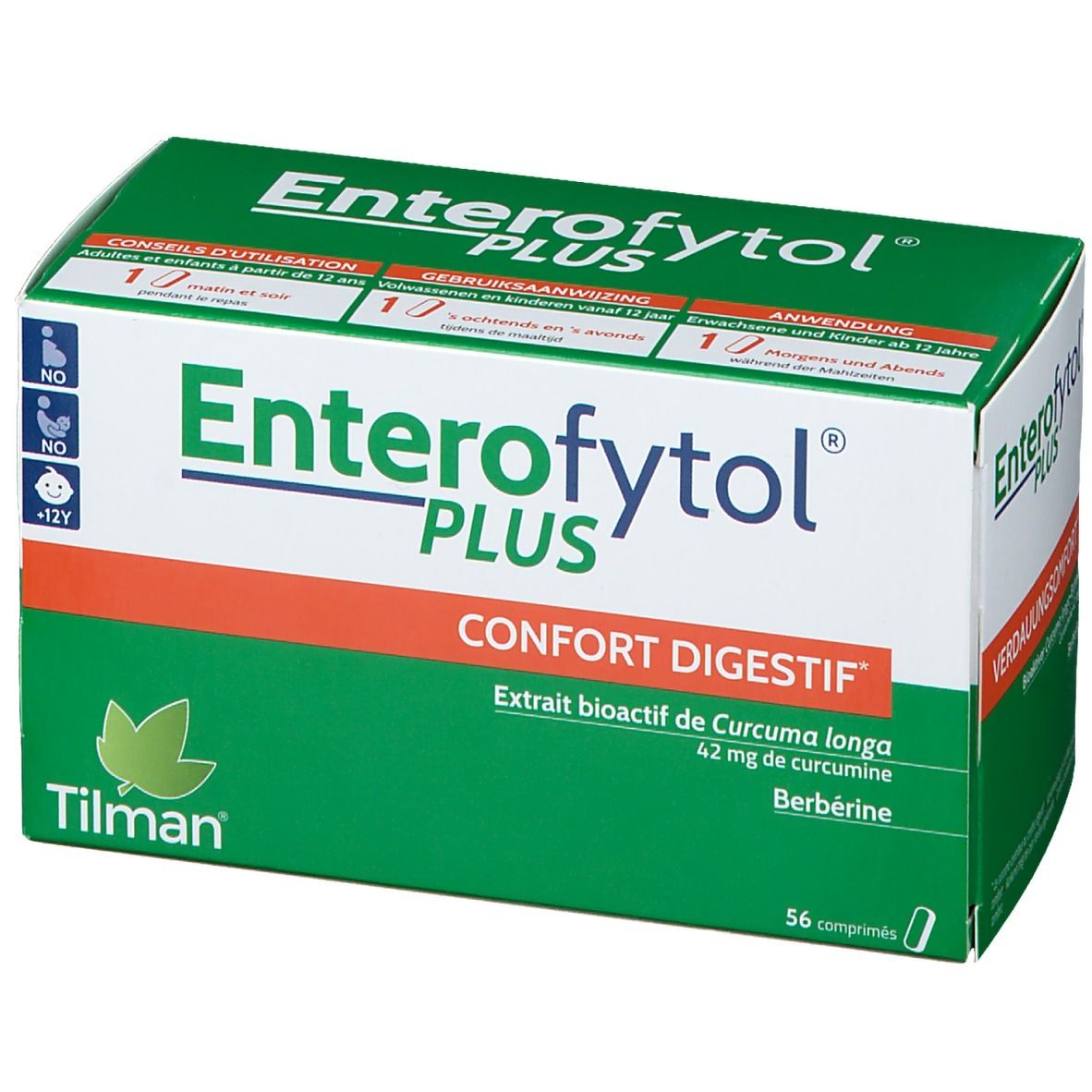 Groene en witte doos "Enterofytol PLUS". Tekst: "Confort digestif". Bevat 56 tabletten.