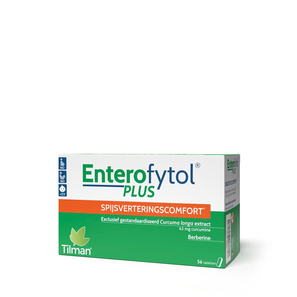 Doos "Enterofytol PLUS" groen en wit. Tekst: "Spijsverteringscomfort". Bevat 56 tabletten.