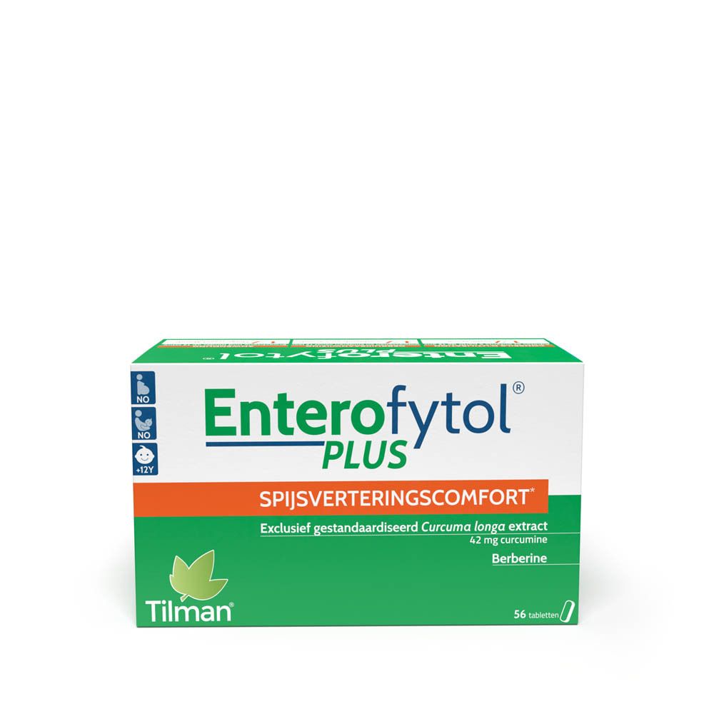 Doos "Enterofytol PLUS" groen en wit. Tekst: "Spijsverteringscomfort". Bevat 56 tabletten.