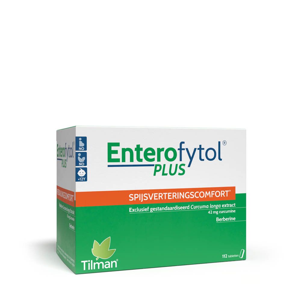 Groene doos Enterofytol Plus. Tekst: Spijsverteringscomfort, Exclusief gestandaardiseerd Curcuma longa extract, 112 tabletten.