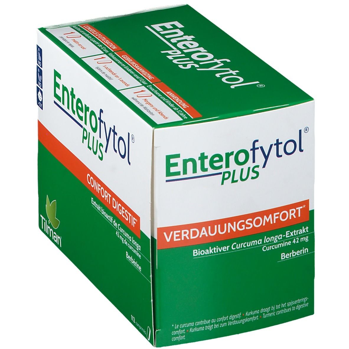 Boîte verte Enterofytol Plus. Texte: Confort Digestif, Extrait bioactif de Curcuma longa, 112 comprimés.