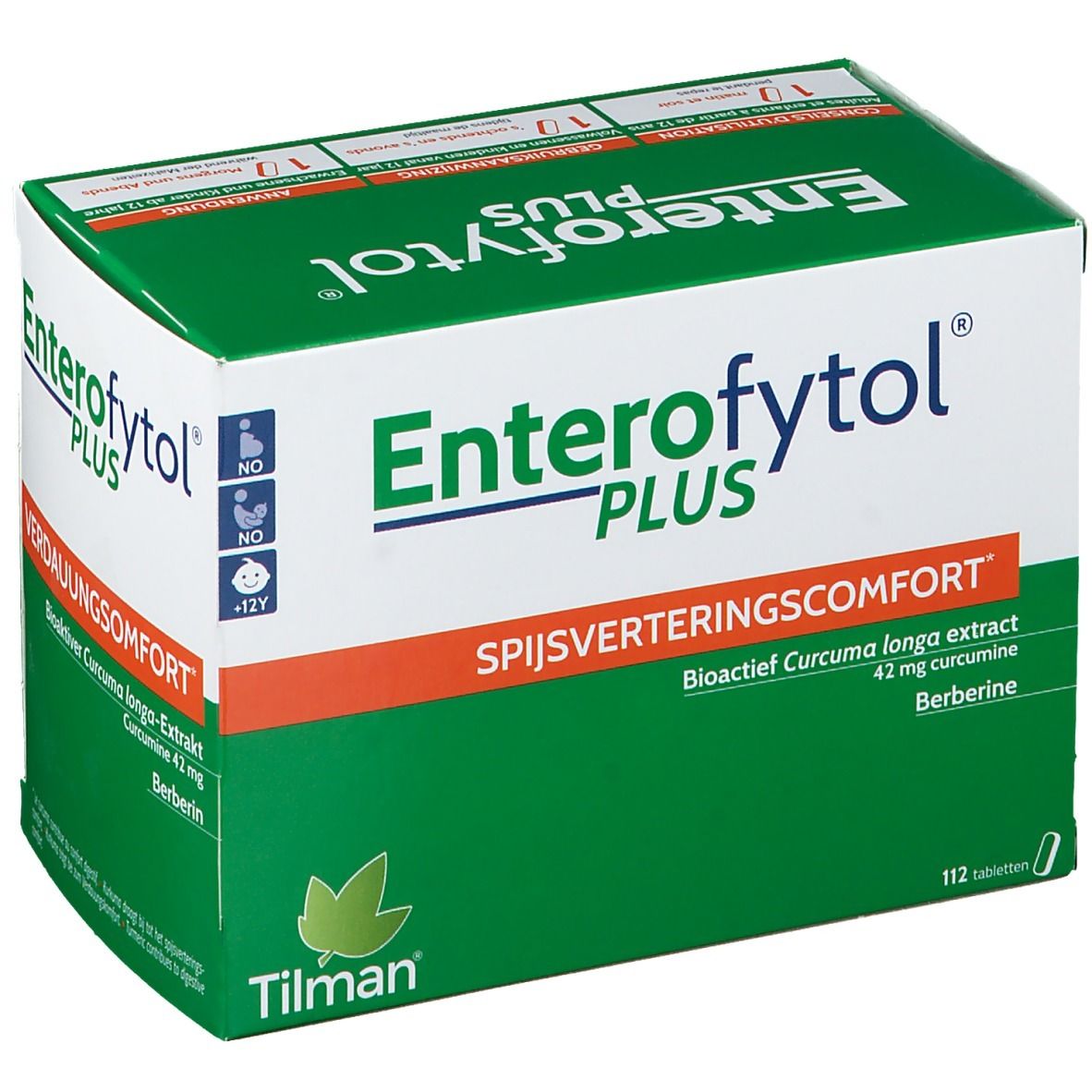 Boîte verte Enterofytol Plus. Texte: Confort Digestif, Extrait bioactif de Curcuma longa, 112 comprimés.