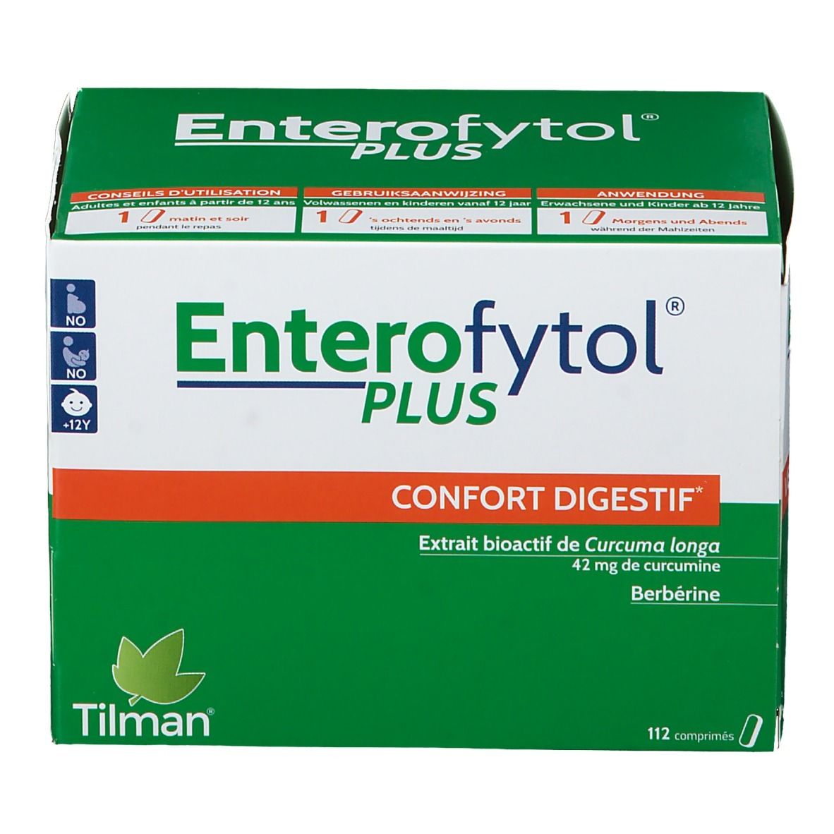 Boîte verte Enterofytol Plus. Texte: Confort Digestif, Extrait bioactif de Curcuma longa, 112 comprimés.