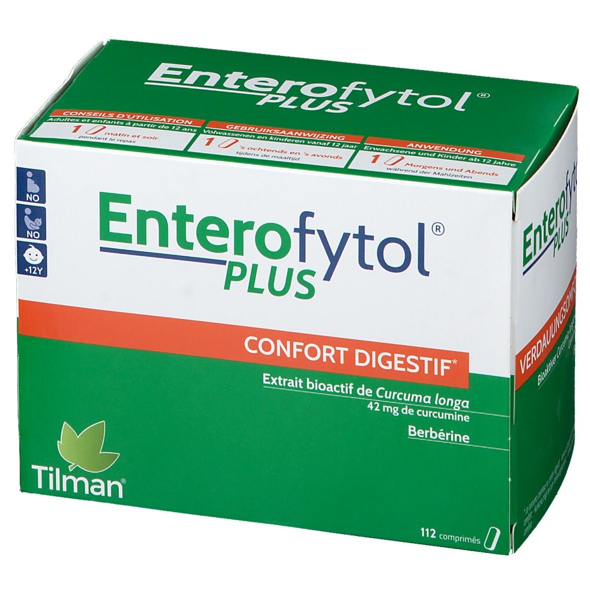Boîte verte Enterofytol Plus. Texte: Confort Digestif, Extrait bioactif de Curcuma longa, 112 comprimés.