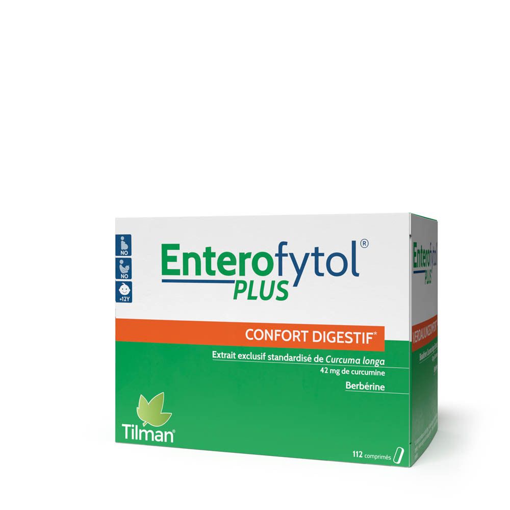 Boîte verte Enterofytol Plus. Texte: Confort Digestif, Extrait bioactif de Curcuma longa, 112 comprimés.