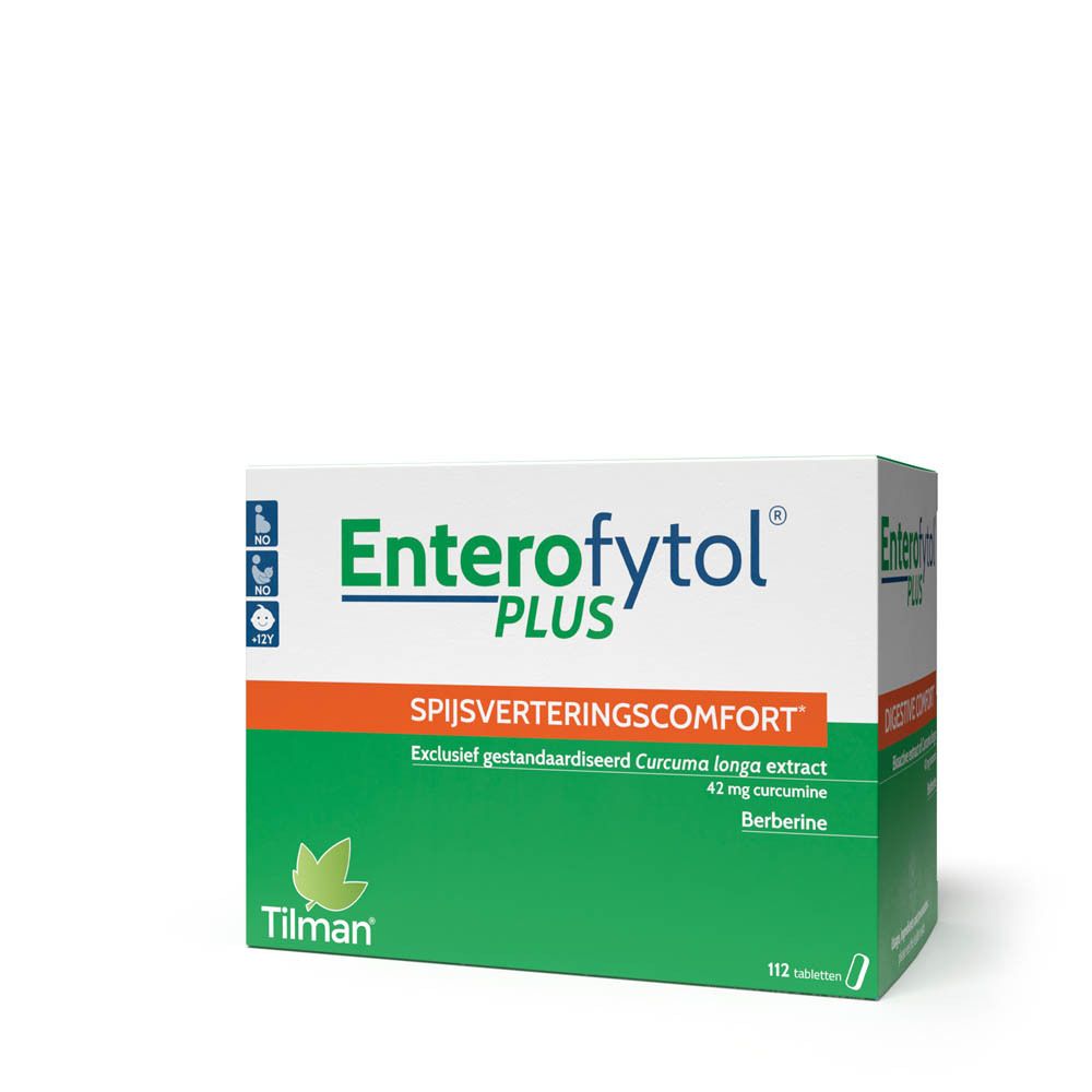 Groene doos Enterofytol Plus. Tekst: Spijsverteringscomfort, Exclusief gestandaardiseerd Curcuma longa extract, 112 tabletten.