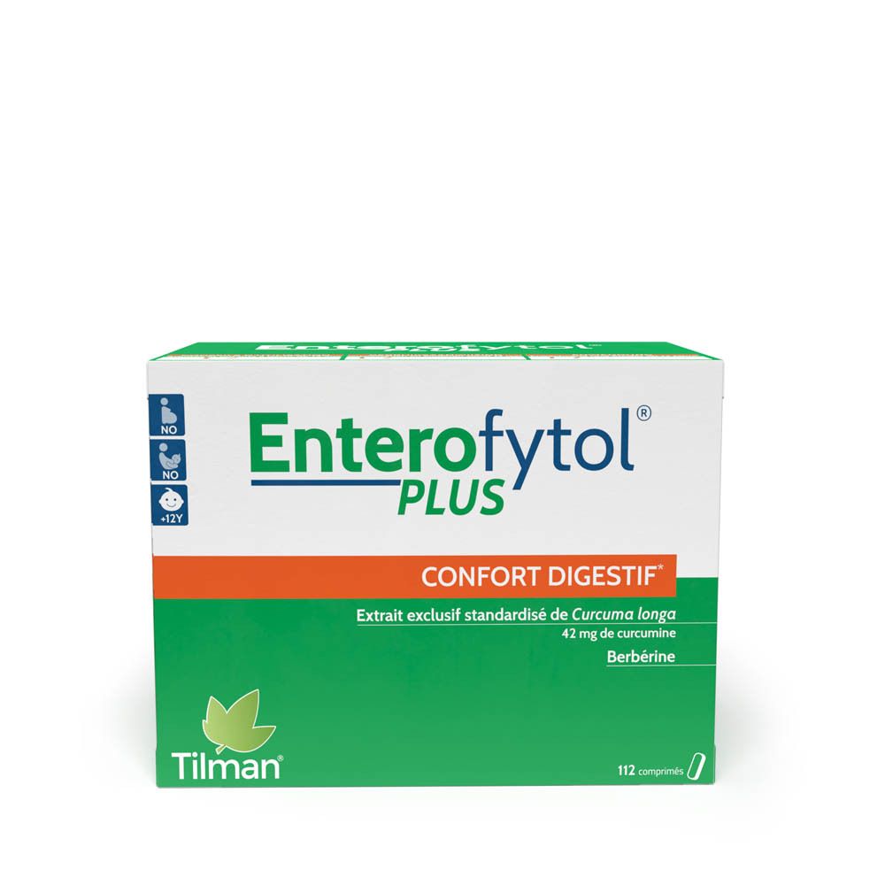 Boîte verte Enterofytol Plus. Texte: Confort Digestif, Extrait bioactif de Curcuma longa, 112 comprimés.