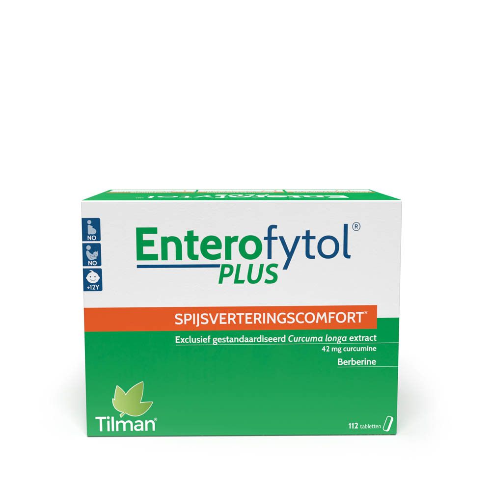 Groene doos Enterofytol Plus. Tekst: Spijsverteringscomfort, Exclusief gestandaardiseerd Curcuma longa extract, 112 tabletten.