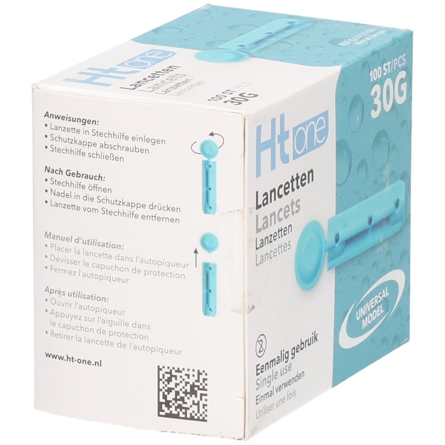 Verpakking Ht one lancetten. Bevat 100 stuks, 30G. Blauwe lancet. Instructies en pictogrammen. Opschrift: Eenmalig gebruik.