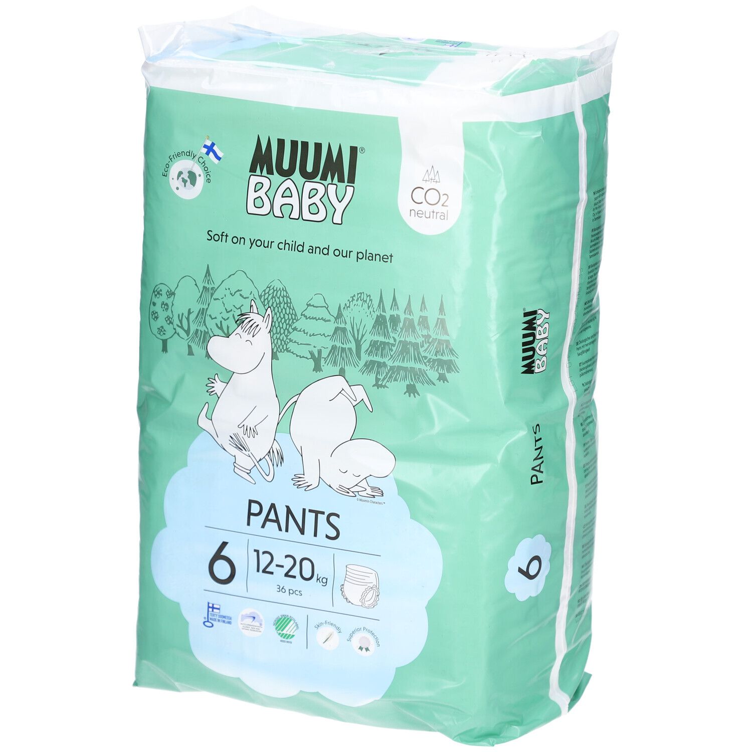 Verpackung mit Muumi Baby Pants, Größe 6 (12-20 kg). Mintgrüne Verpackung mit Illustrationen und Produktinformationen.