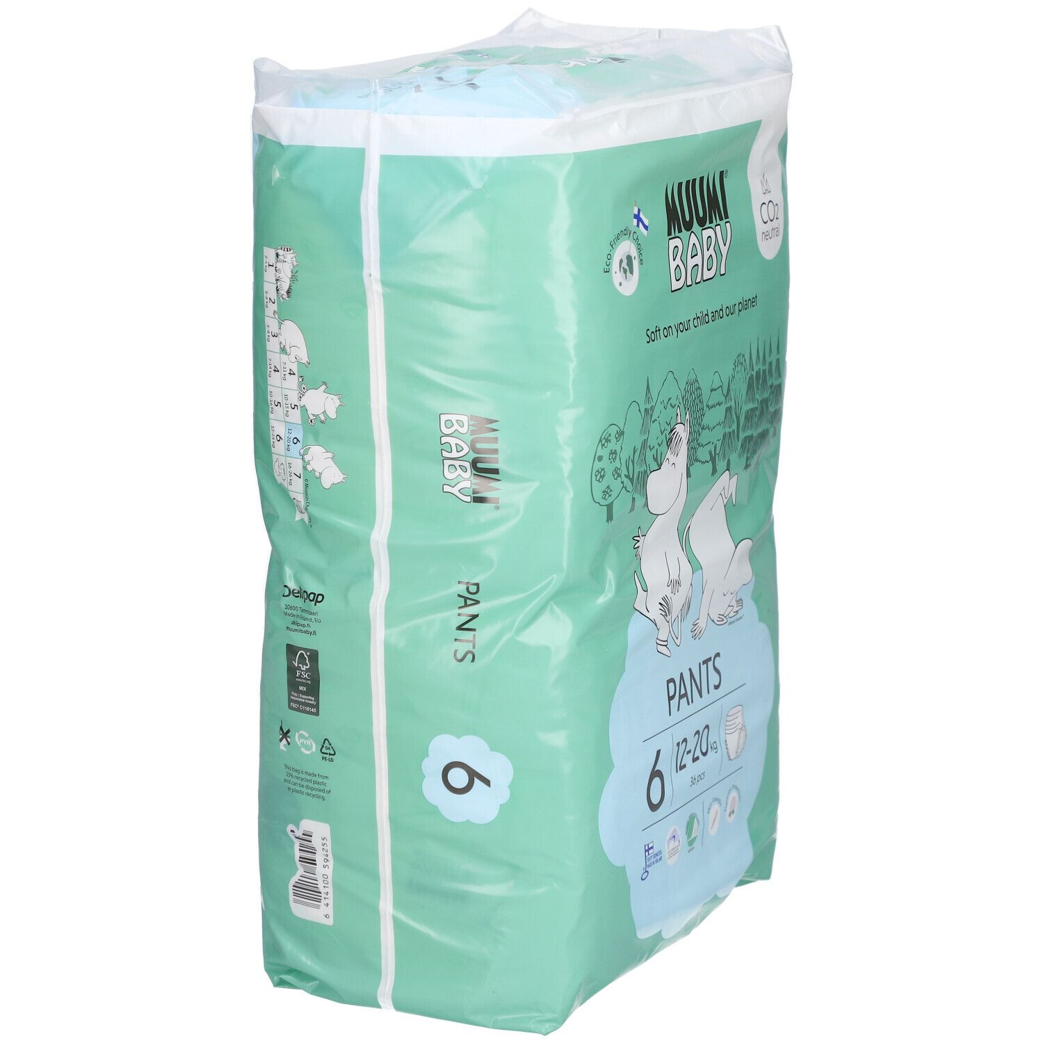 Seitenansicht der Verpackung von Muumi Baby Pants, Größe 6 (12-20 kg). Mintgrün mit Produktinformationen und Logos.