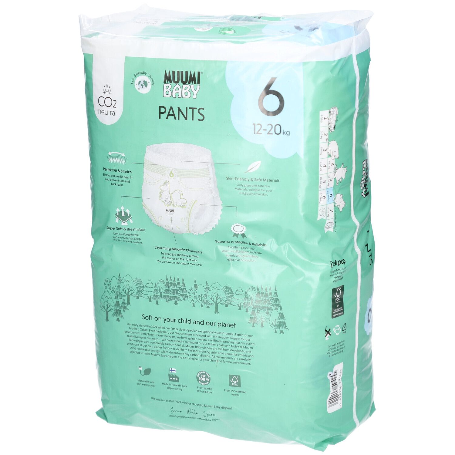 Verpackung von Muumi Baby Pants, Größe 6 (12-20 kg). Mintgrün mit Produktabbildung und Informationen zu den Eigenschaften.