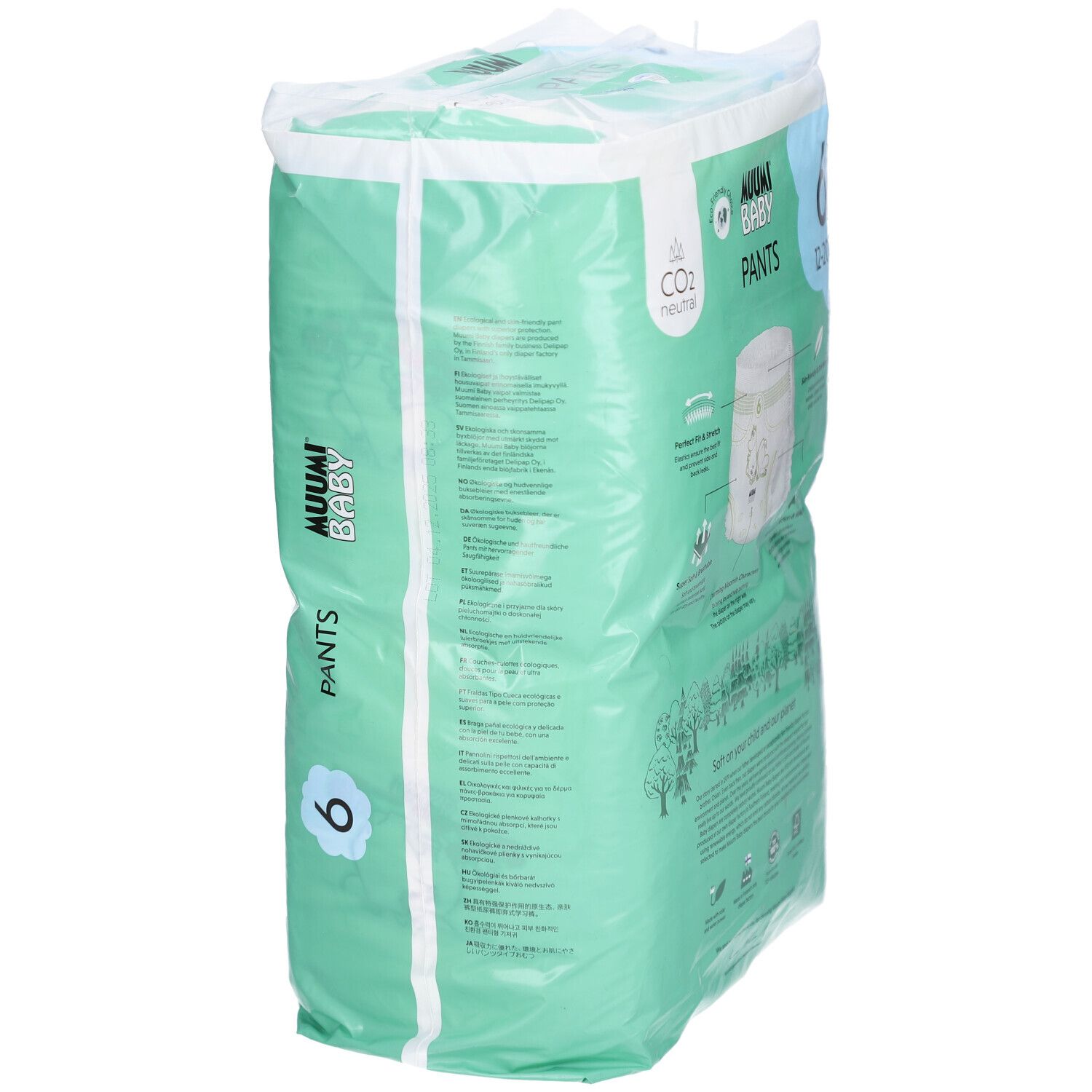 Seitenansicht der Verpackung von Muumi Baby Pants, Größe 6 (12-20 kg). Mintgrün mit Produktinformationen und Logos.