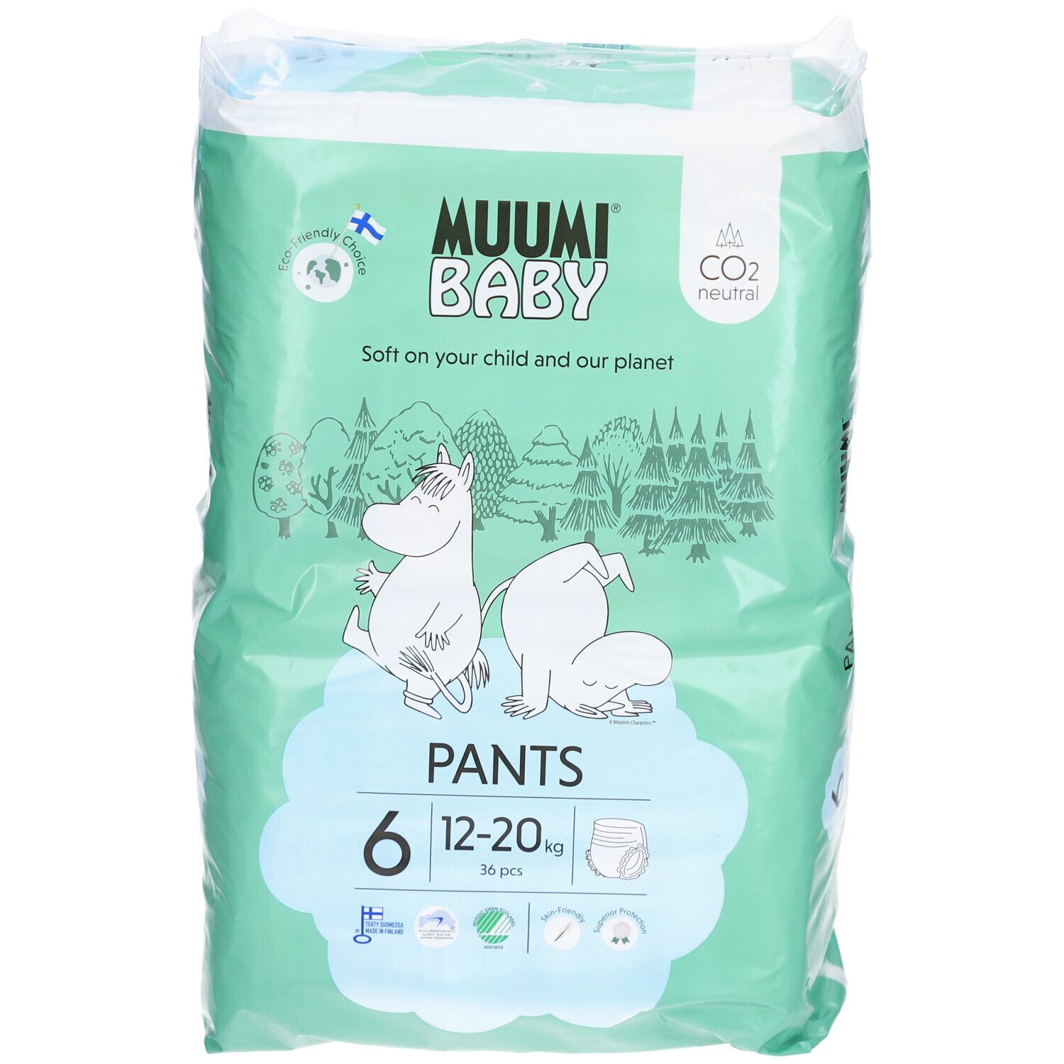 Verpackung von Muumi Baby Pants, Größe 6 (12-20 kg). Mintgrün mit Illustrationen, Produktname und Größenangabe.